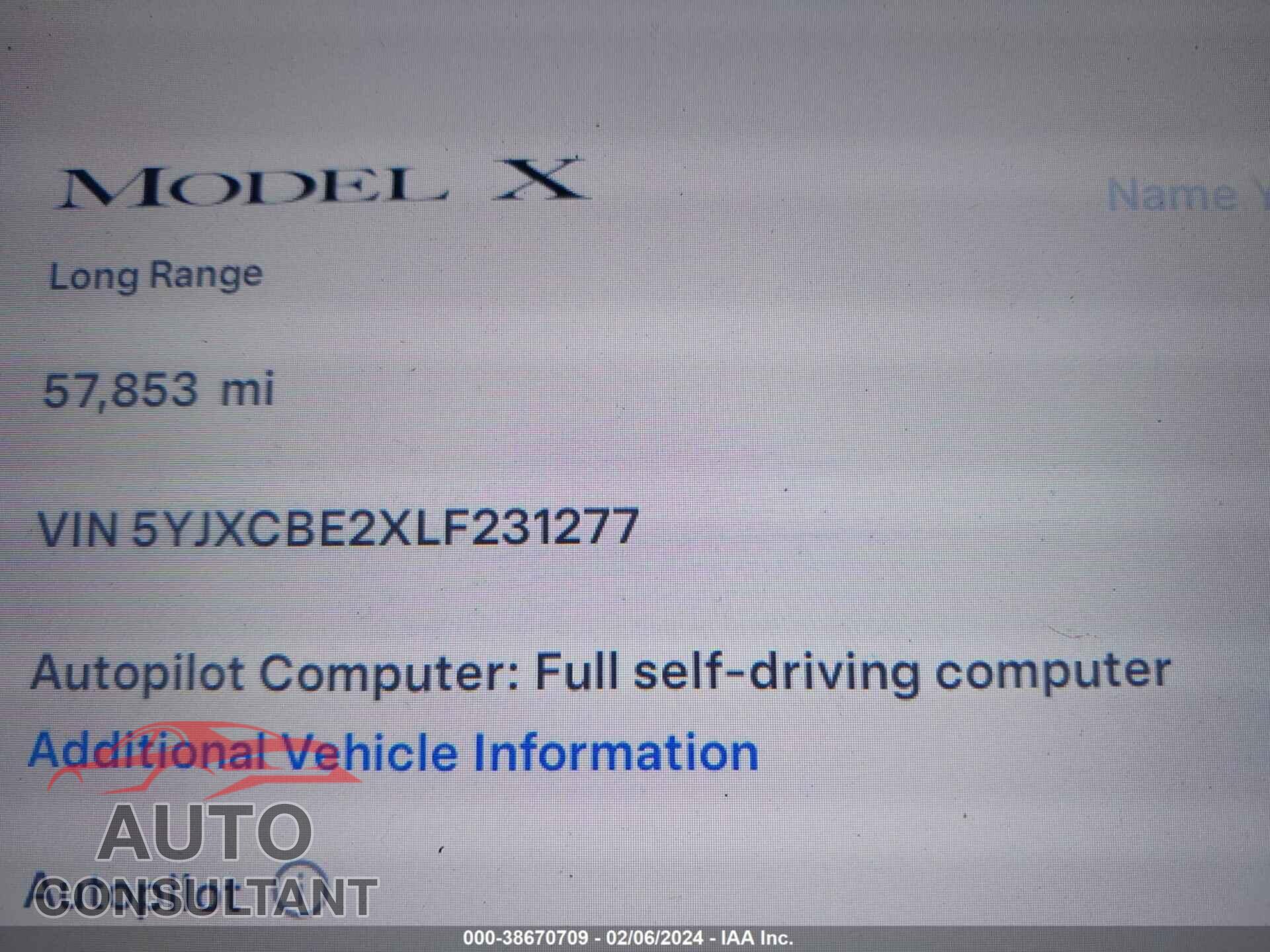 TESLA MODEL X 2020 - 5YJXCBE2XLF231277