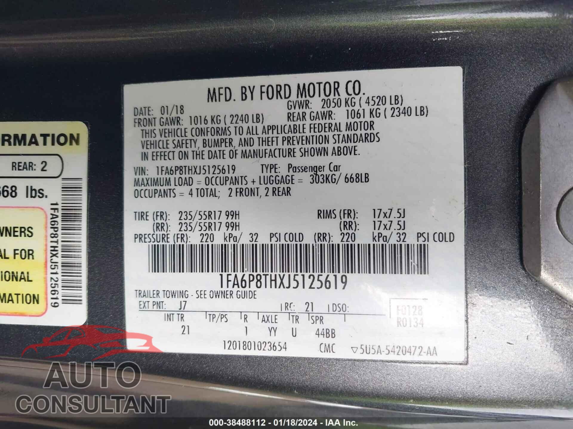 FORD MUSTANG 2018 - 1FA6P8THXJ5125619
