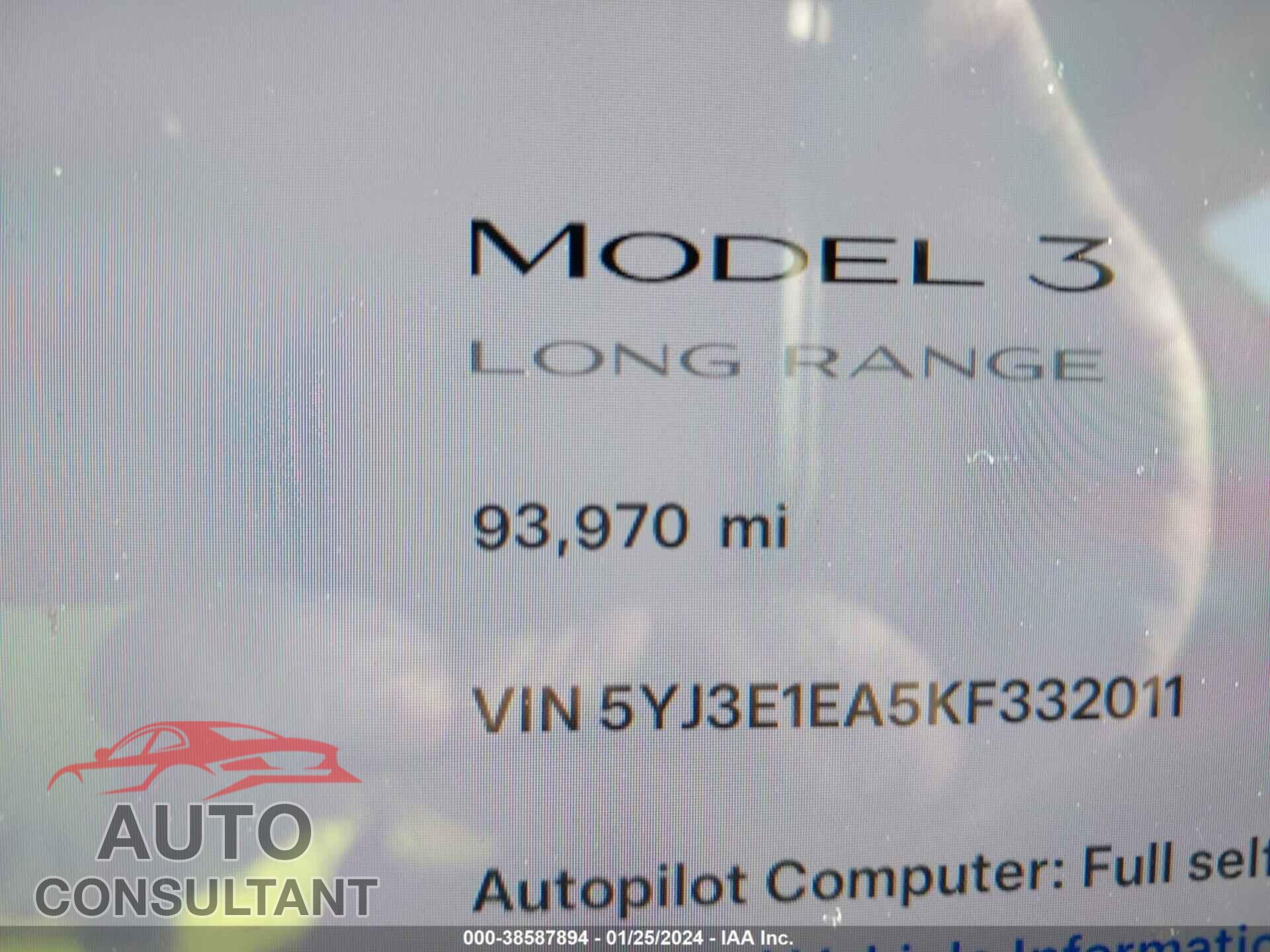TESLA MODEL 3 2019 - 5YJ3E1EA5KF332011