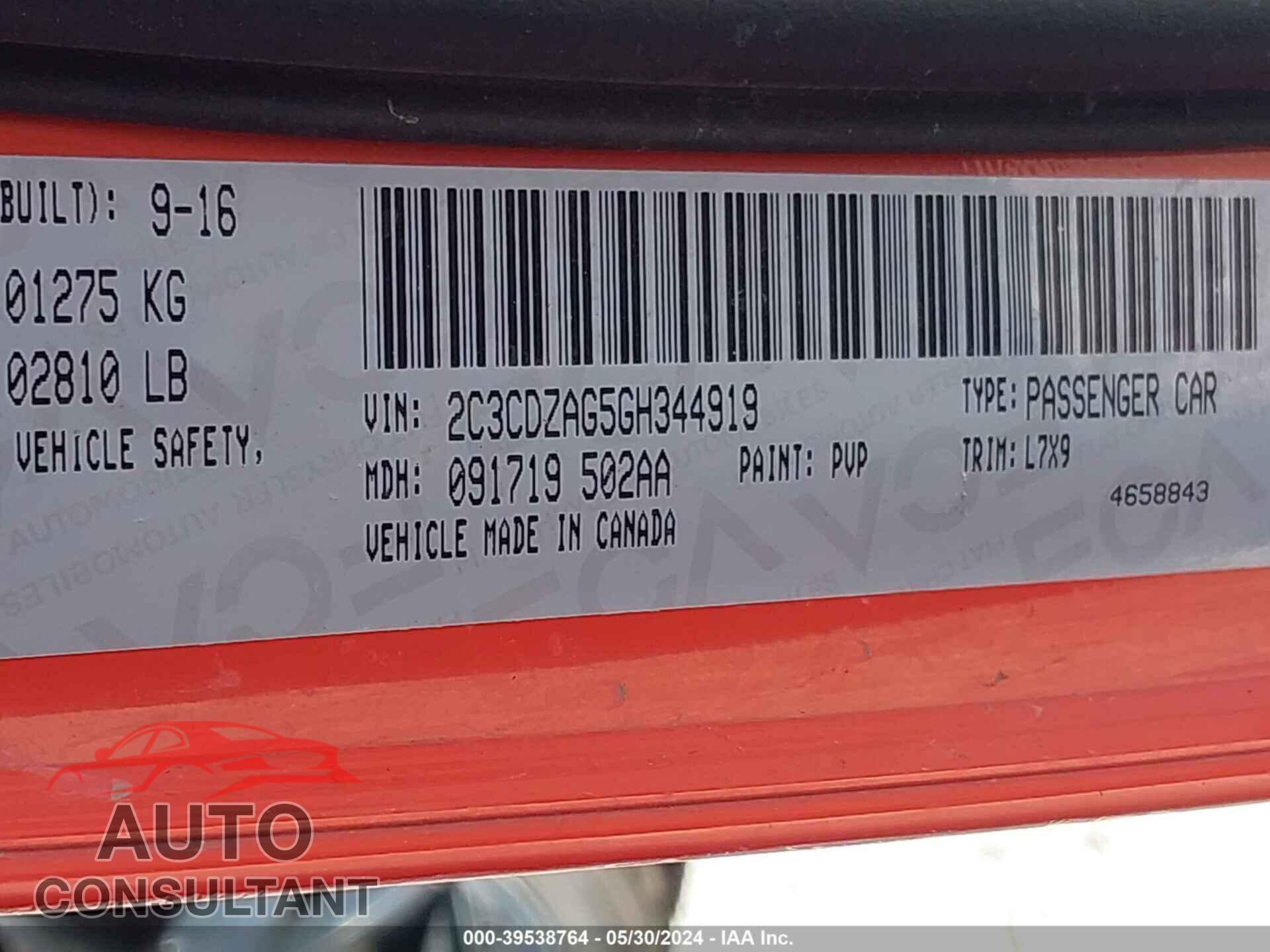 DODGE CHALLENGER 2016 - 2C3CDZAG5GH344919