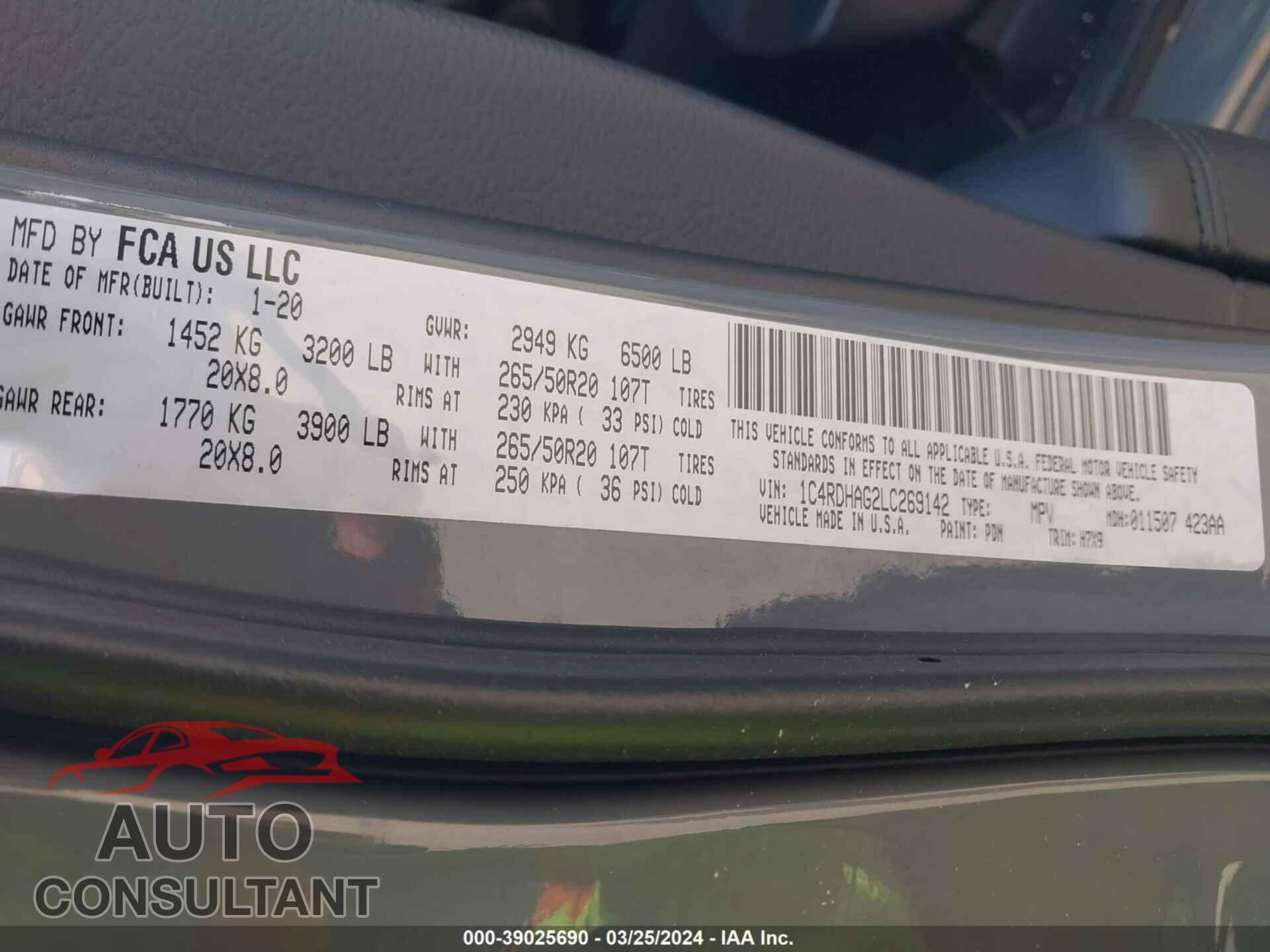 DODGE DURANGO 2020 - 1C4RDHAG2LC269142