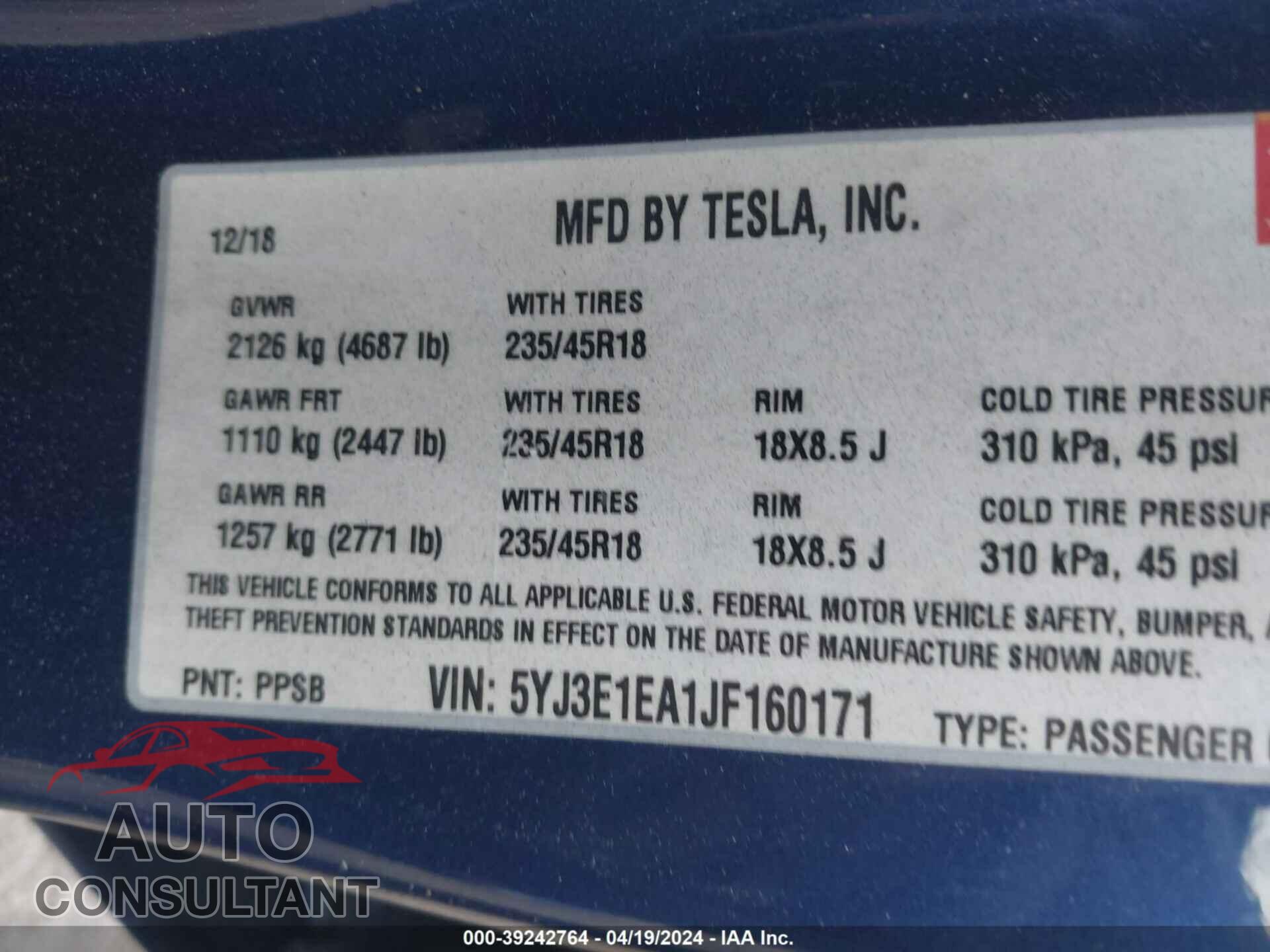 TESLA MODEL 3 2018 - 5YJ3E1EA1JF160171