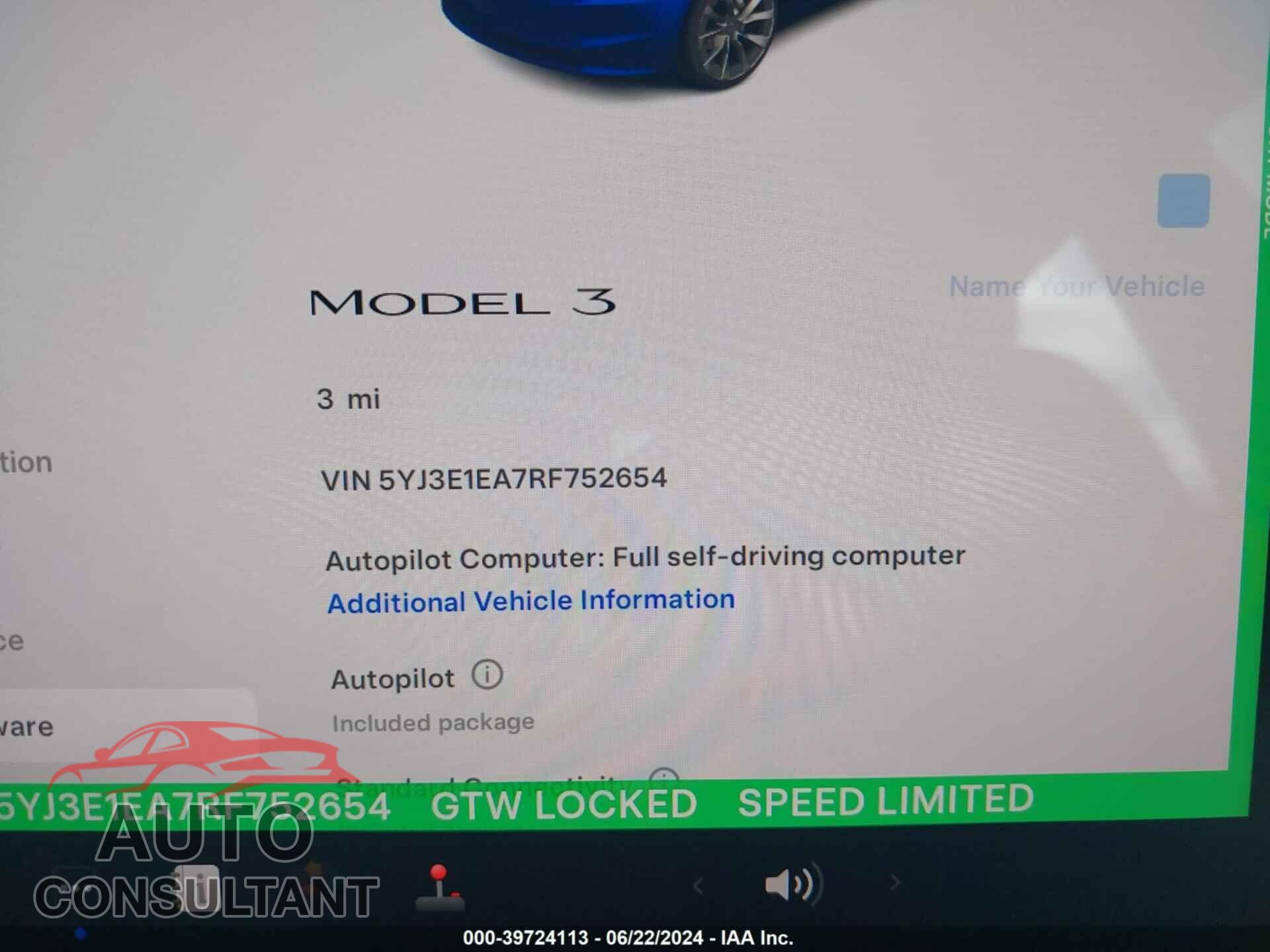 TESLA MODEL 3 2024 - 5YJ3E1EA7RF752654