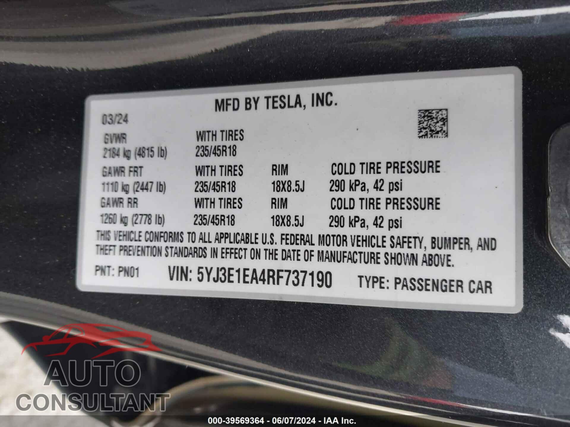 TESLA MODEL 3 2024 - 5YJ3E1EA4RF737190