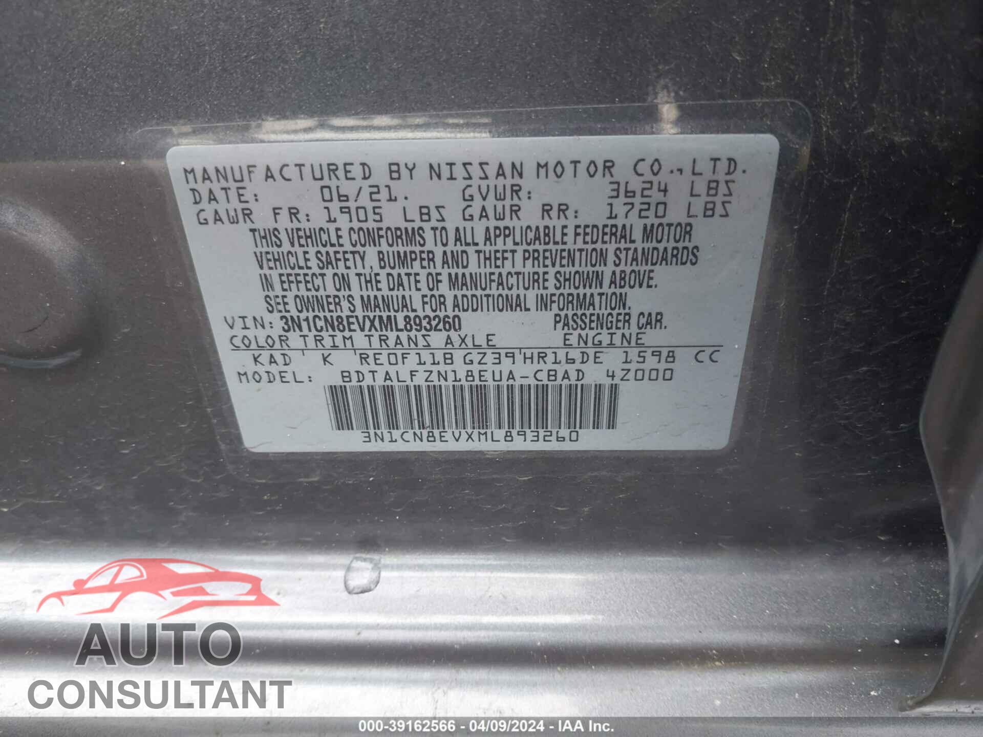 NISSAN VERSA 2021 - 3N1CN8EVXML893260