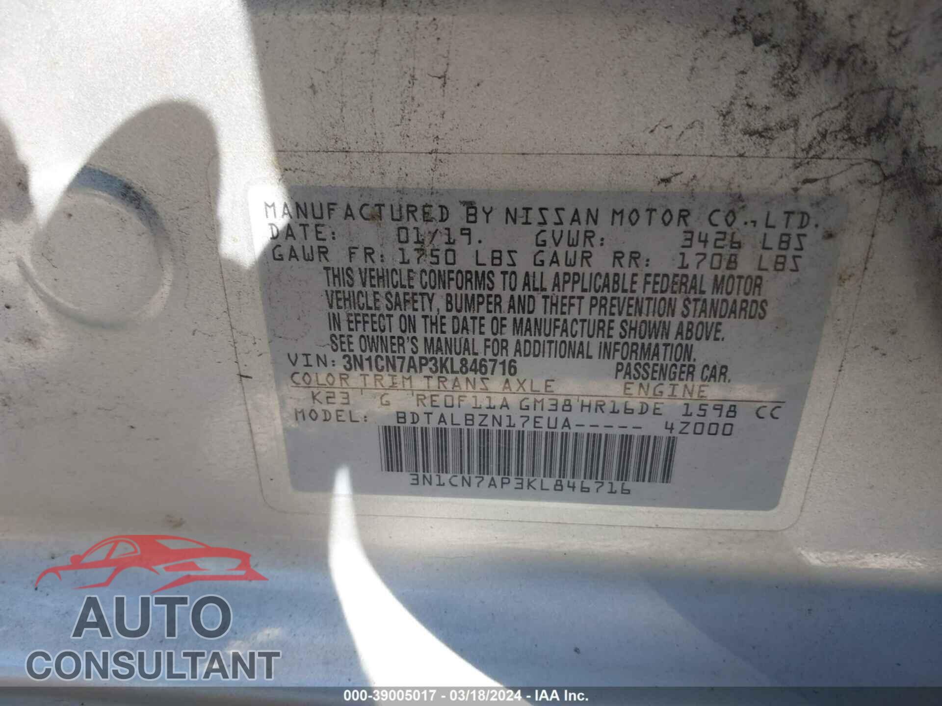 NISSAN VERSA 2019 - 3N1CN7AP3KL846716