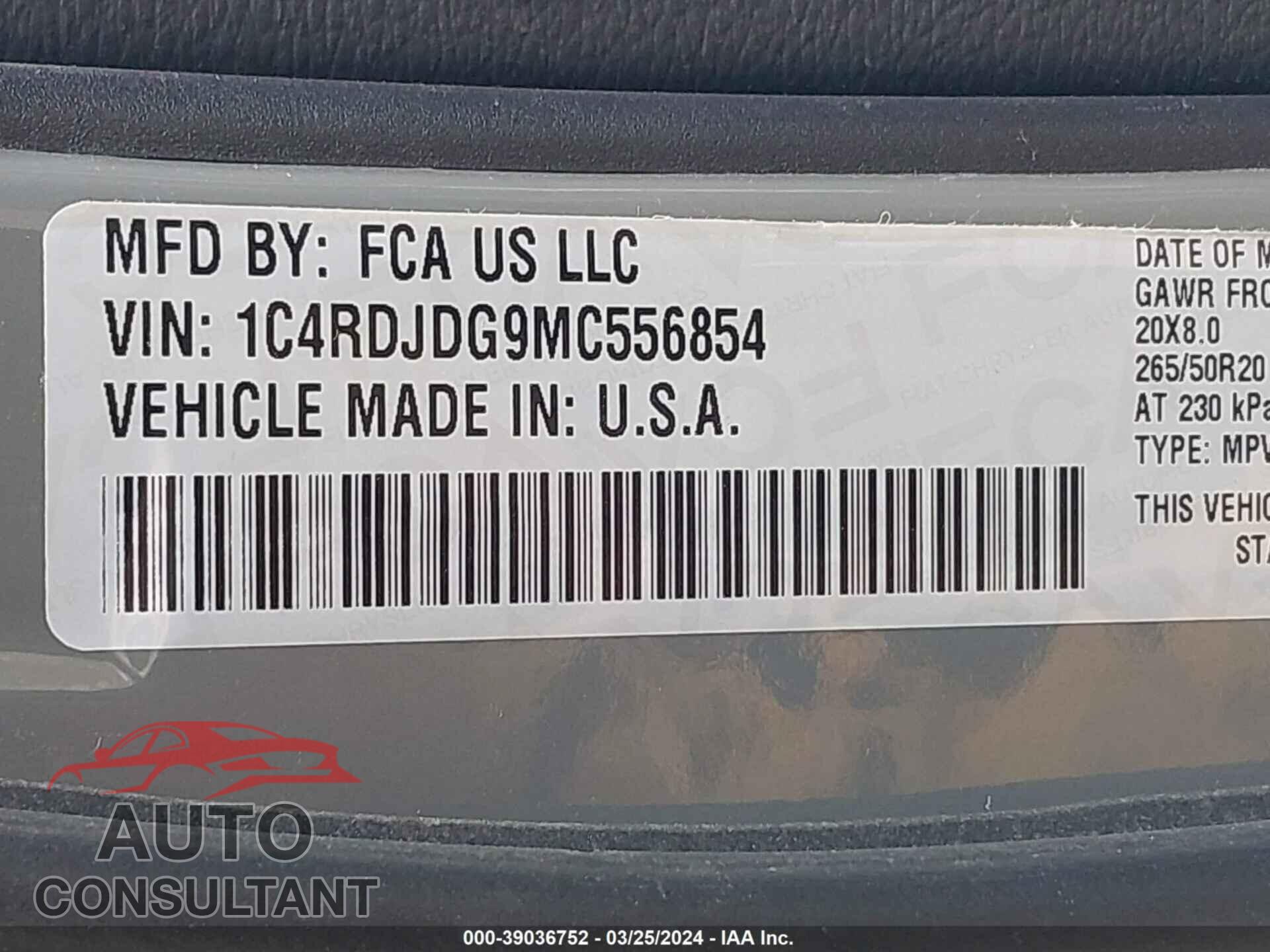 DODGE DURANGO 2021 - 1C4RDJDG9MC556854
