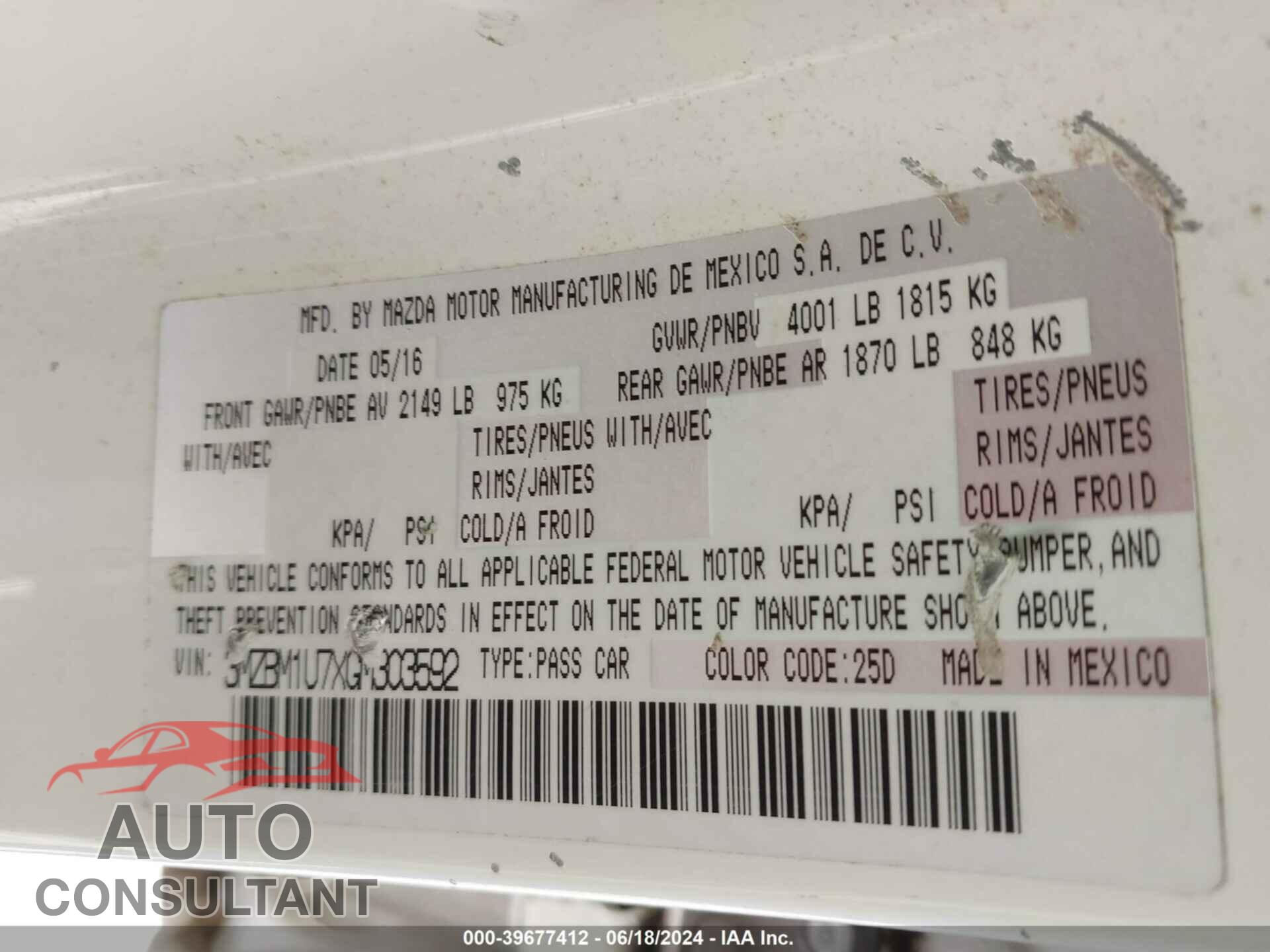 MAZDA MAZDA3 2016 - 3MZBM1U7XGM303592