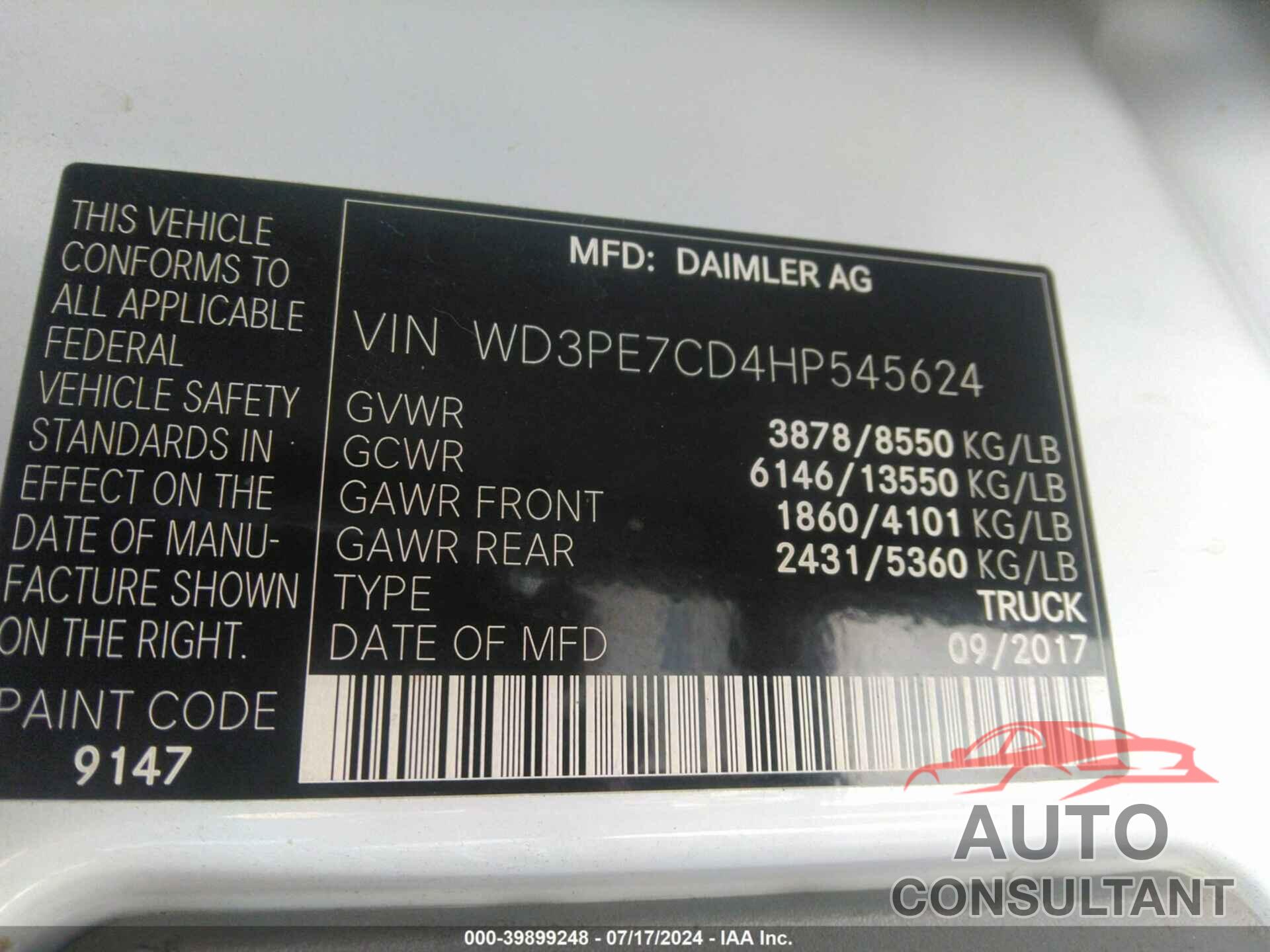 MERCEDES-BENZ SPRINTER 2500 2017 - WD3PE7CD4HP545624