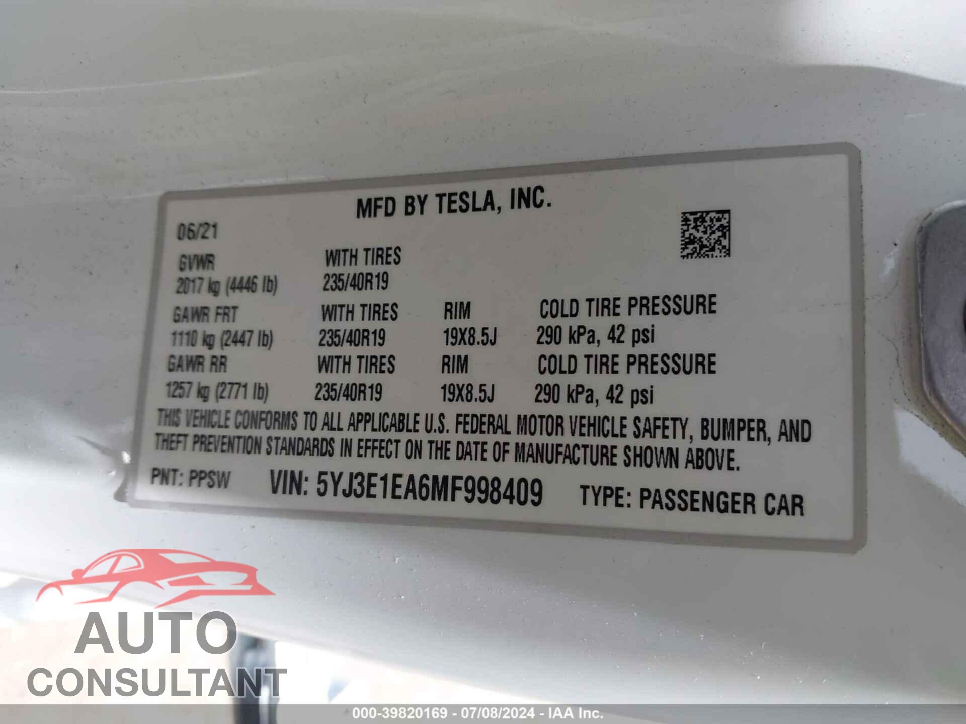 TESLA MODEL 3 2021 - 5YJ3E1EA6MF998409