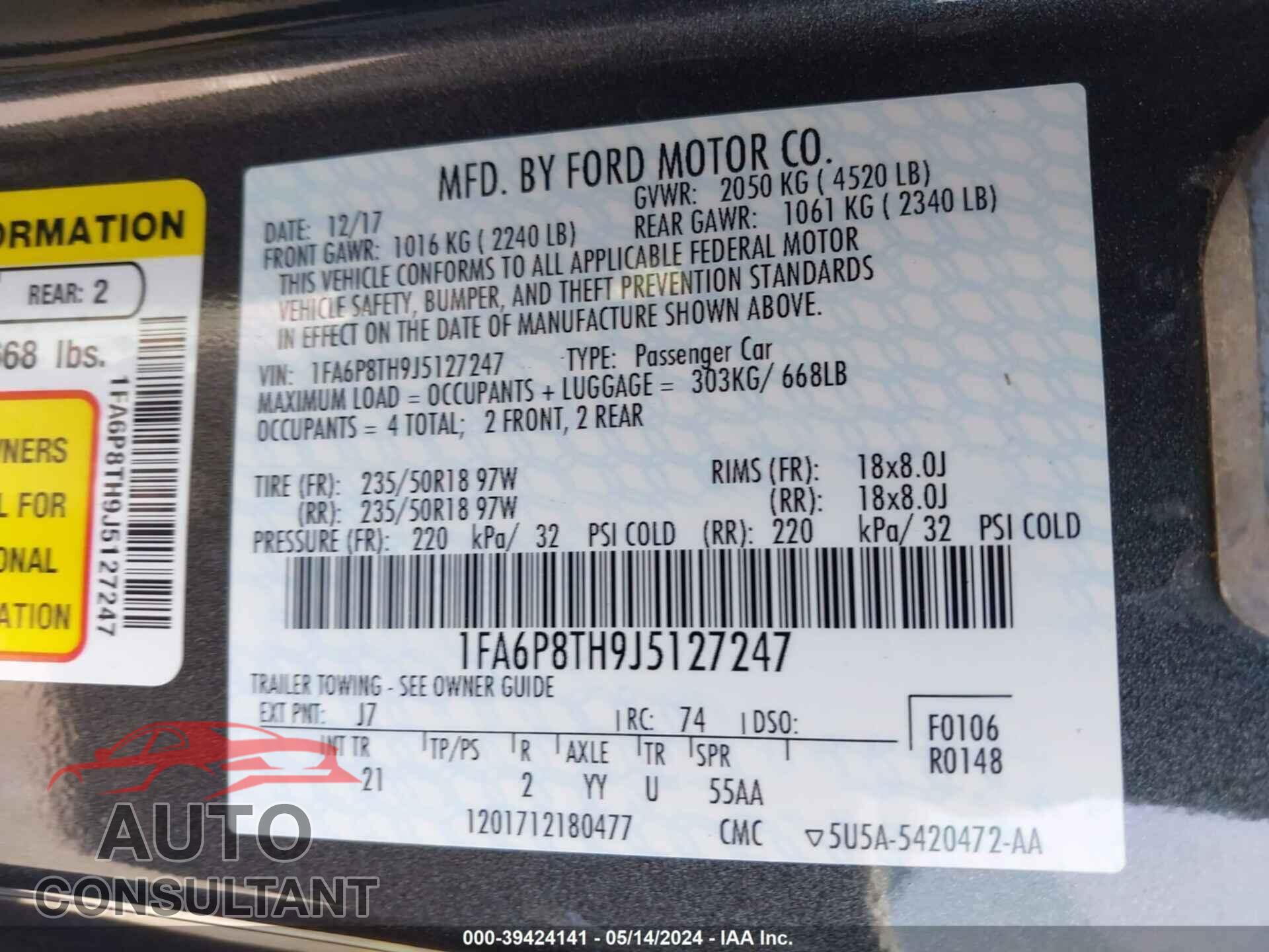 FORD MUSTANG 2018 - 1FA6P8TH9J5127247