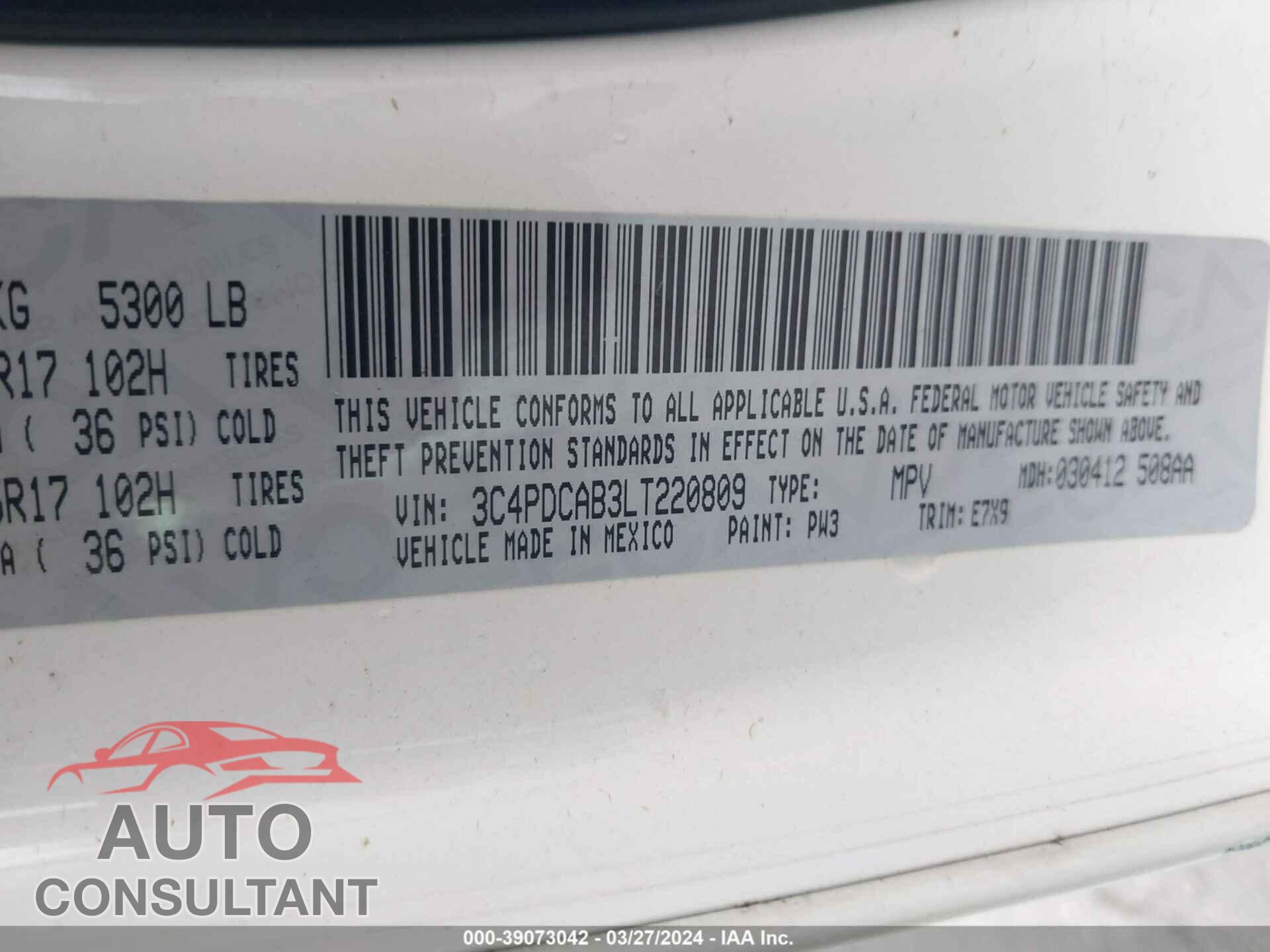 DODGE JOURNEY 2020 - 3C4PDCAB3LT220809