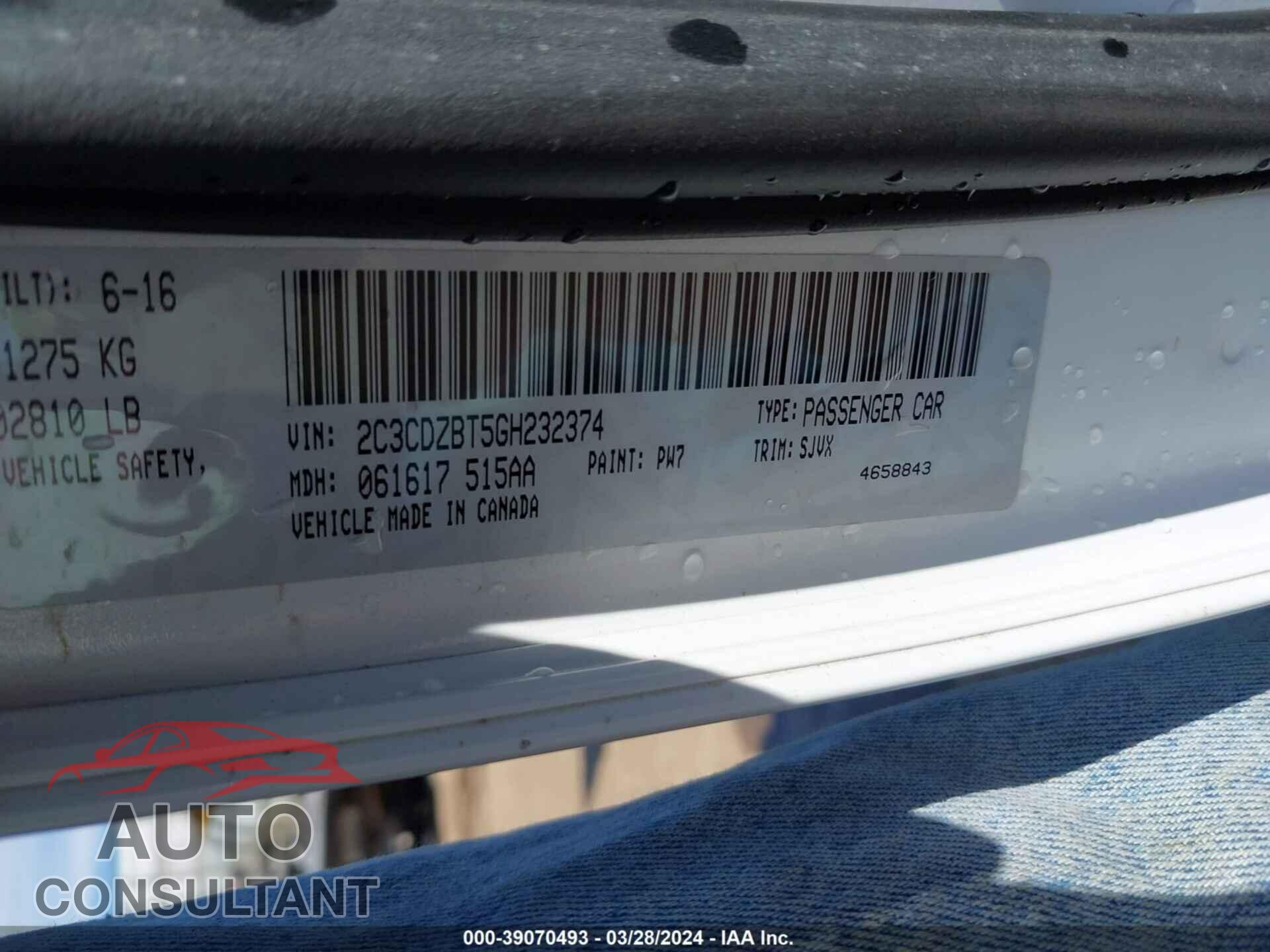 DODGE CHALLENGER 2016 - 2C3CDZBT5GH232374