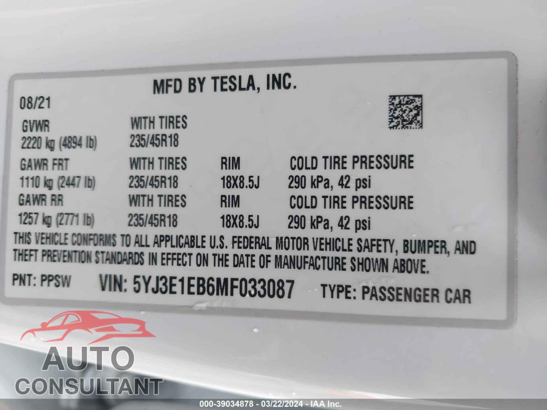 TESLA MODEL 3 2021 - 5YJ3E1EB6MF033087