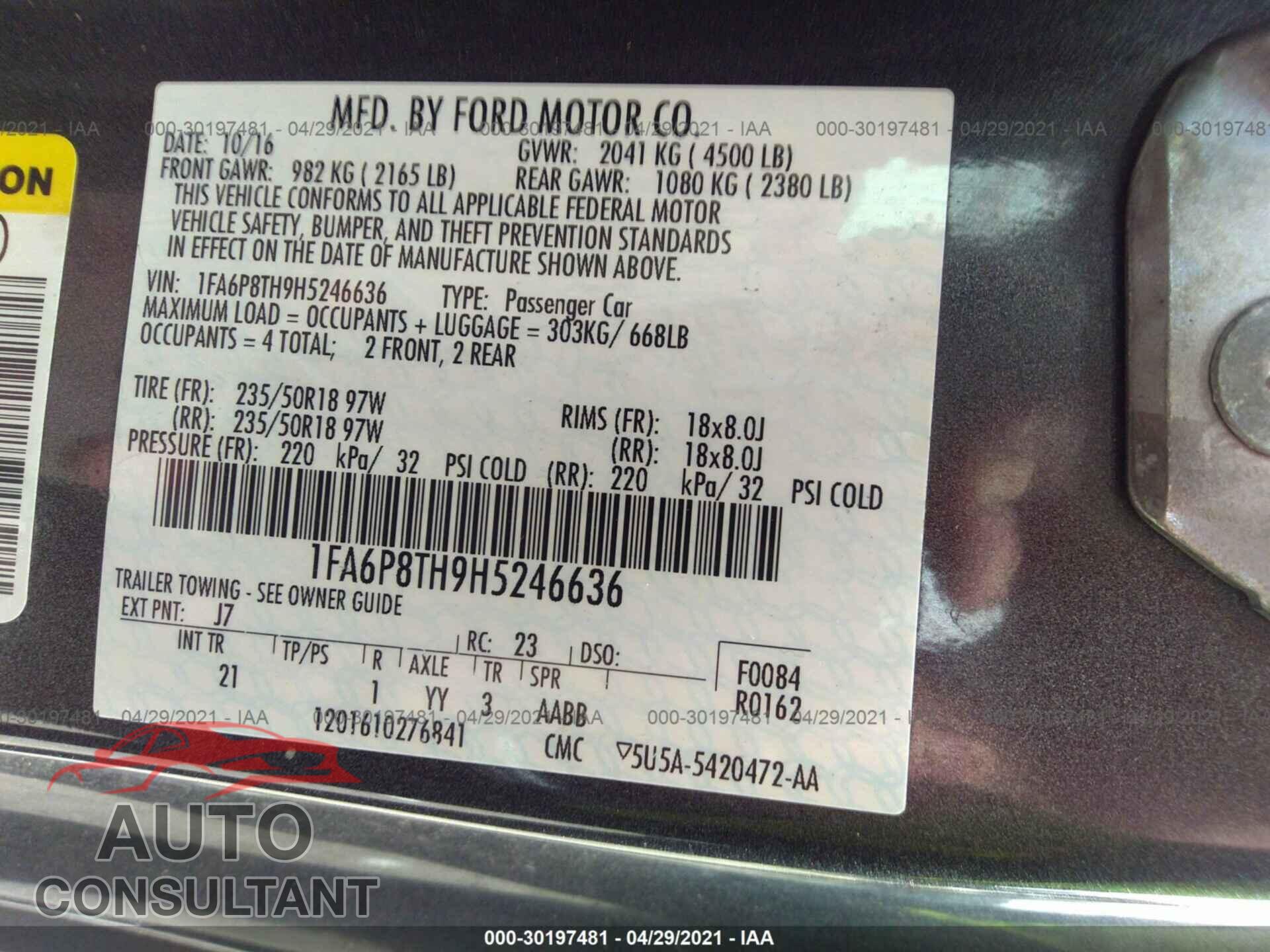 FORD MUSTANG 2017 - 1FA6P8TH9H5246636