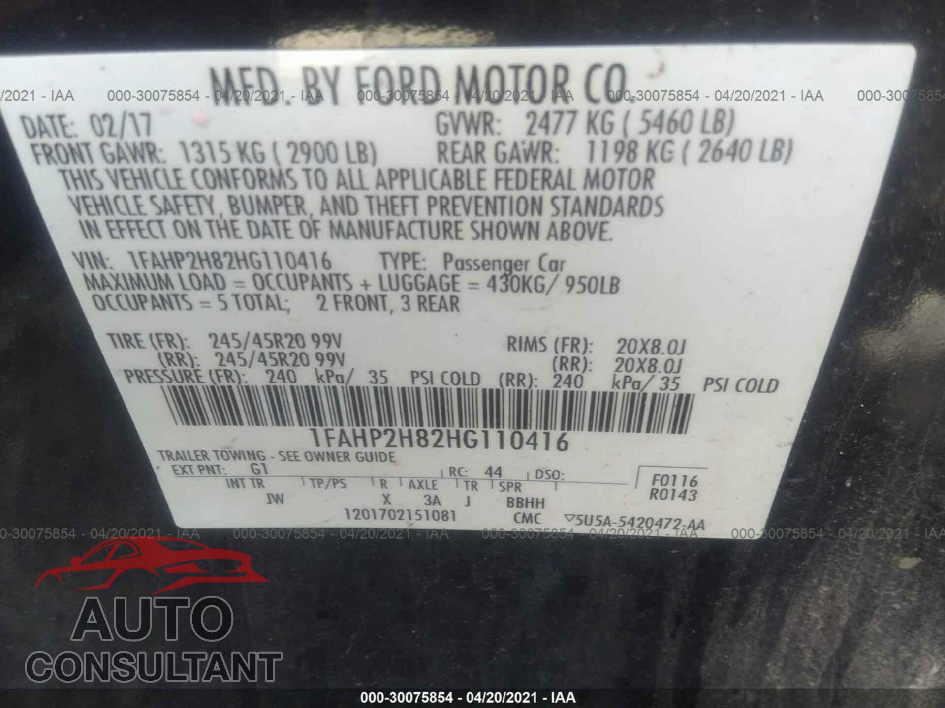 FORD TAURUS 2017 - 1FAHP2H82HG110416