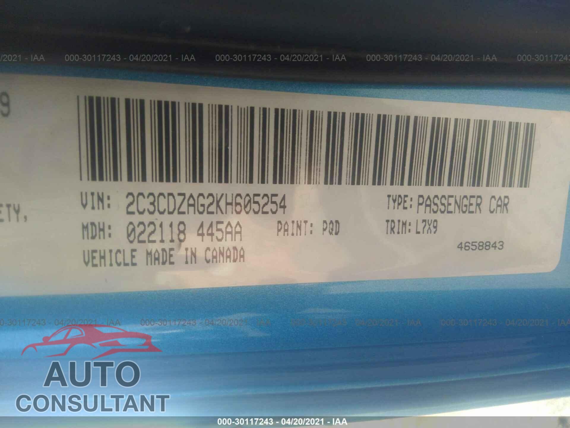 DODGE CHALLENGER 2019 - 2C3CDZAG2KH605254