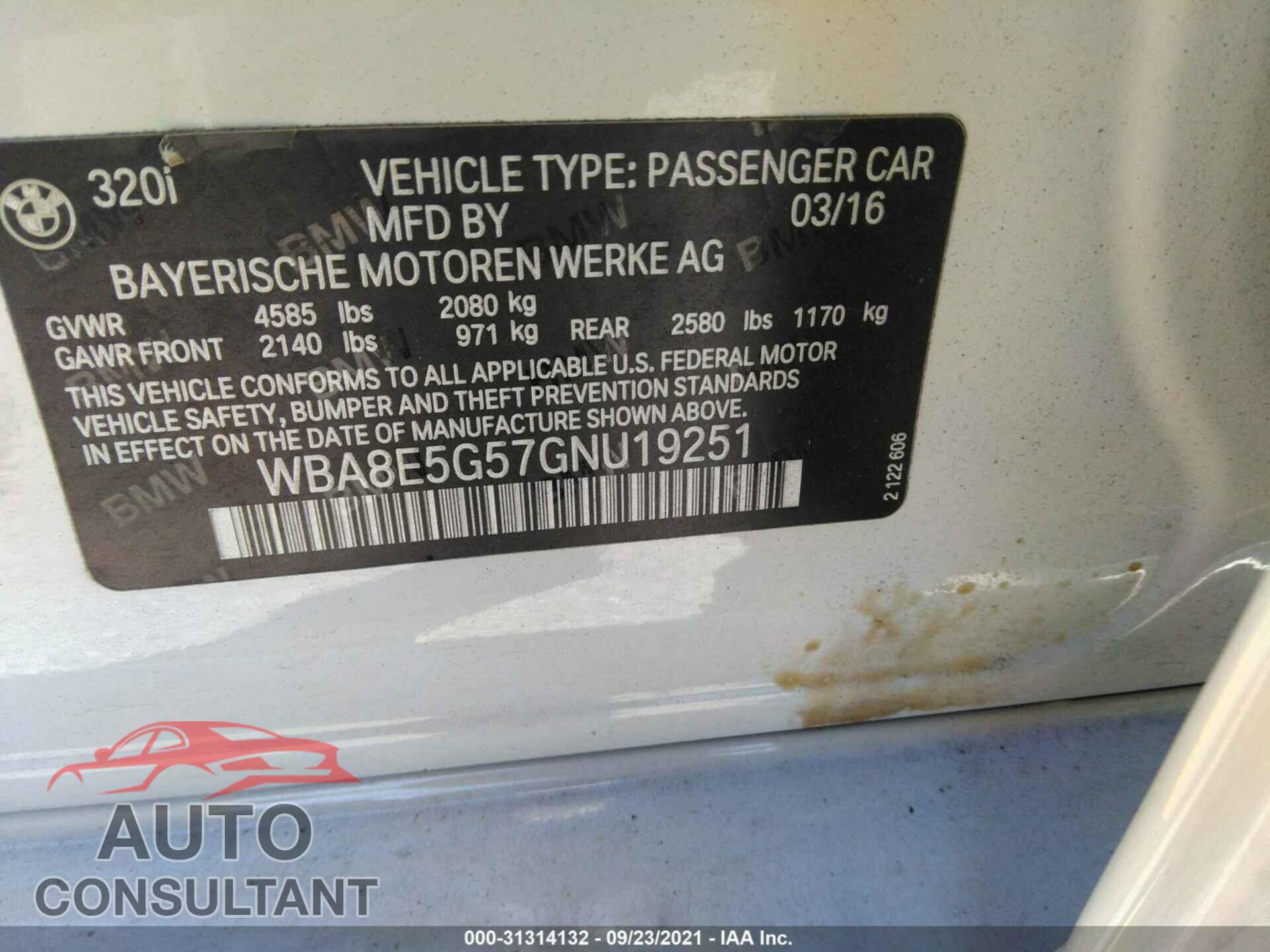BMW 3 SERIES 2016 - WBA8E5G57GNU19251