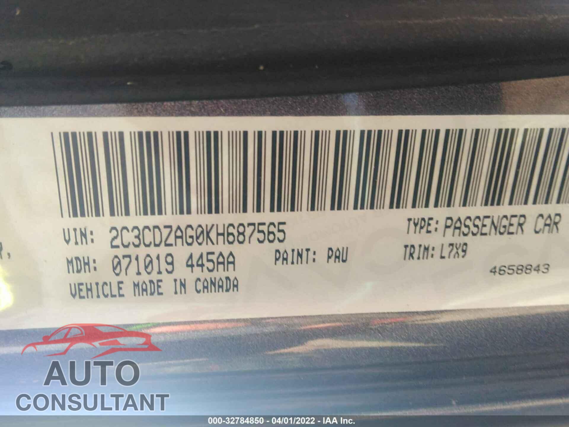 DODGE CHALLENGER 2019 - 2C3CDZAG0KH687565