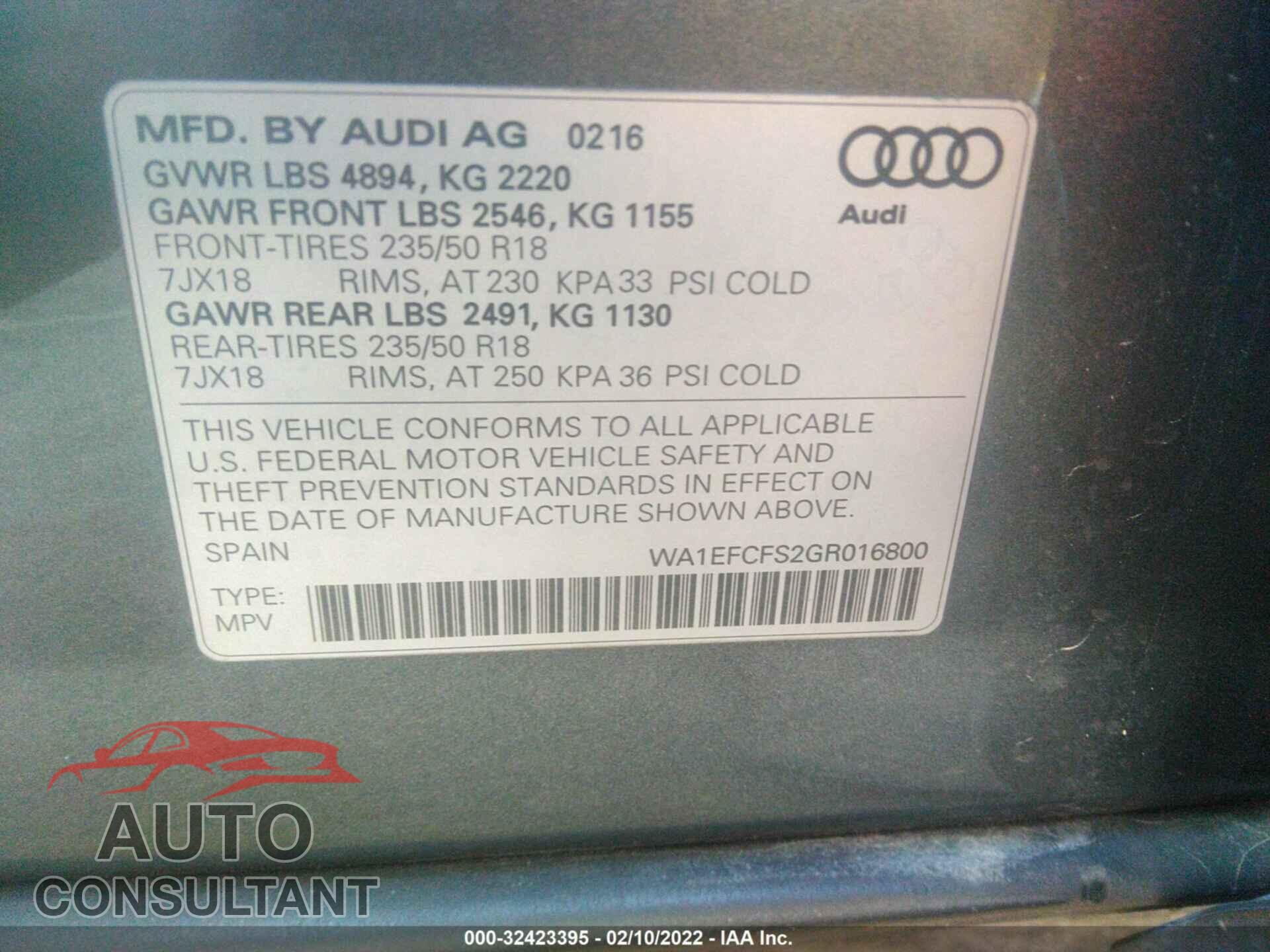 AUDI Q3 2016 - WA1EFCFS2GR016800