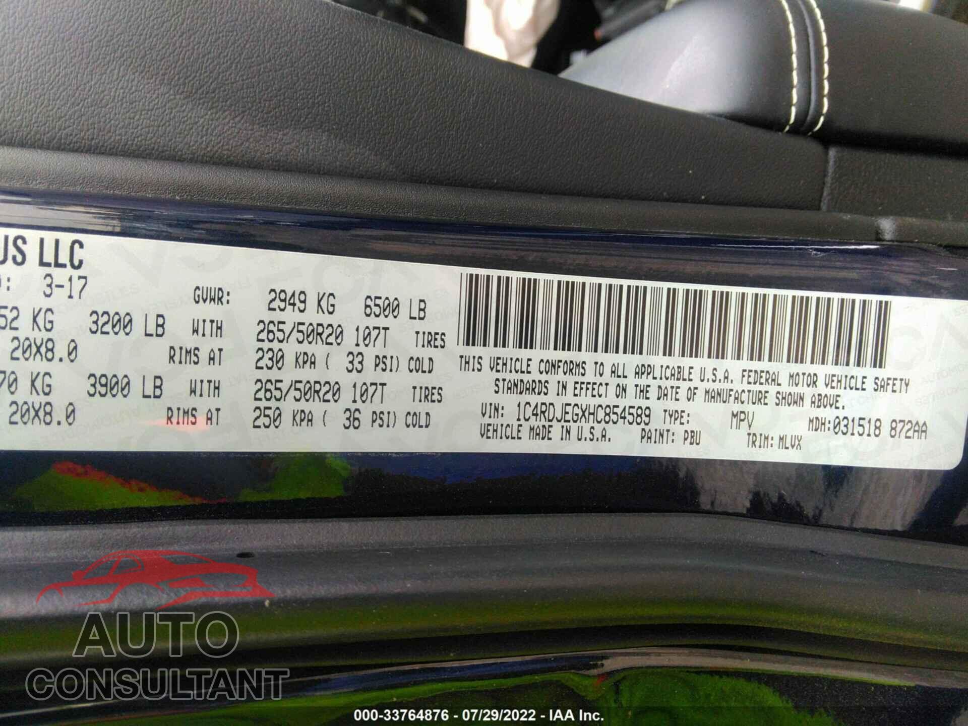 DODGE DURANGO 2017 - 1C4RDJEGXHC854589