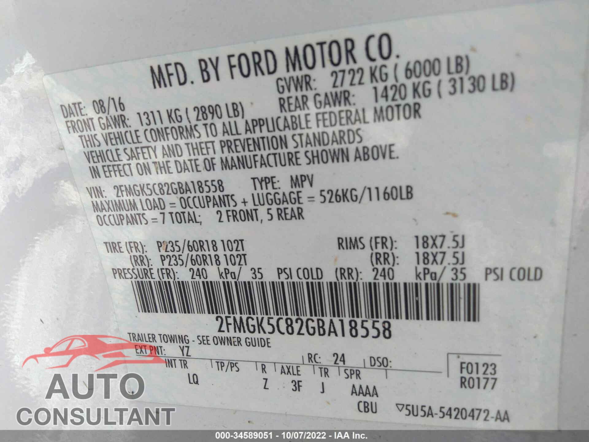 FORD FLEX 2016 - 2FMGK5C82GBA18558