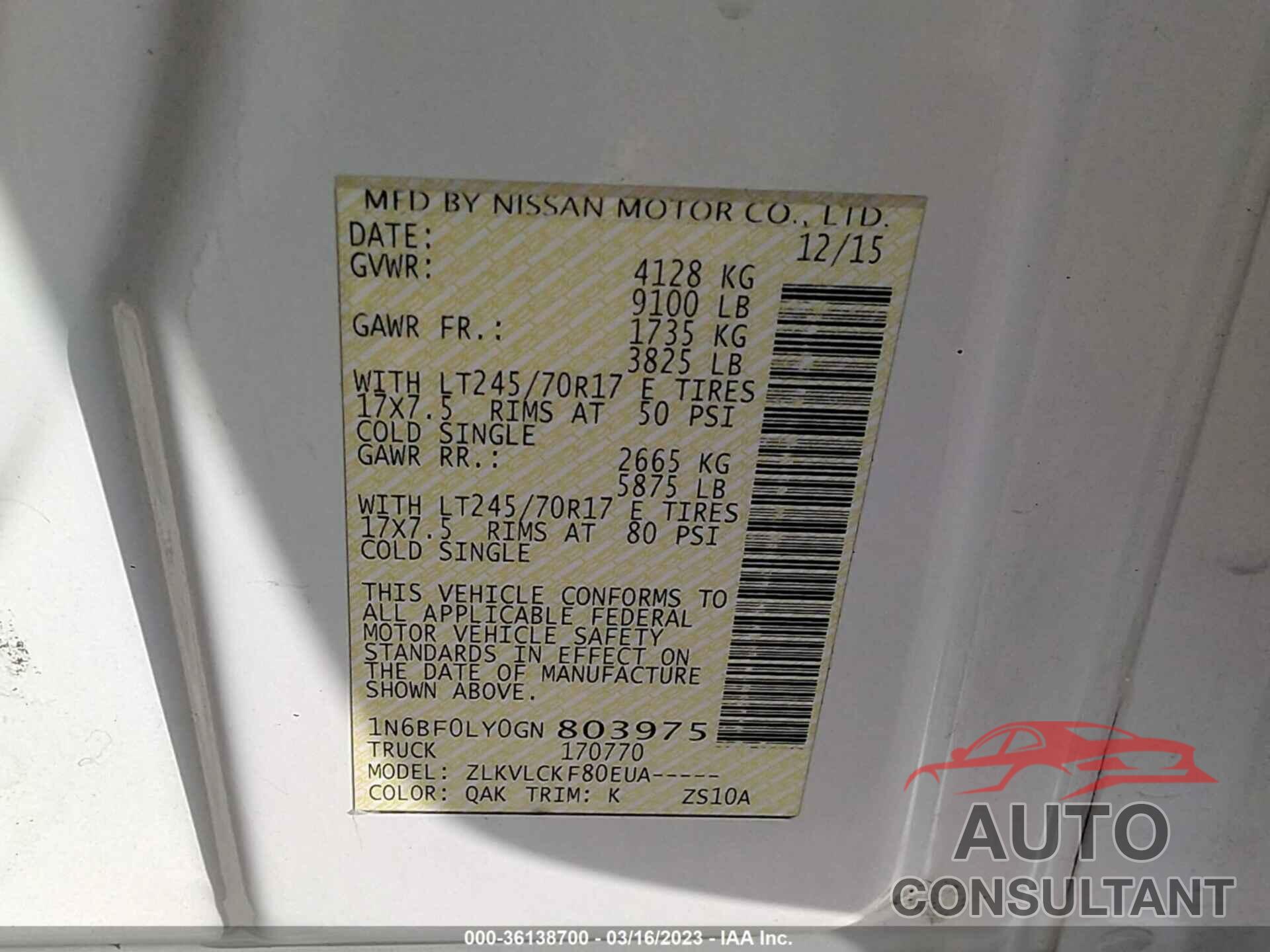 NISSAN NV 2016 - 1N6BF0LY0GN803975