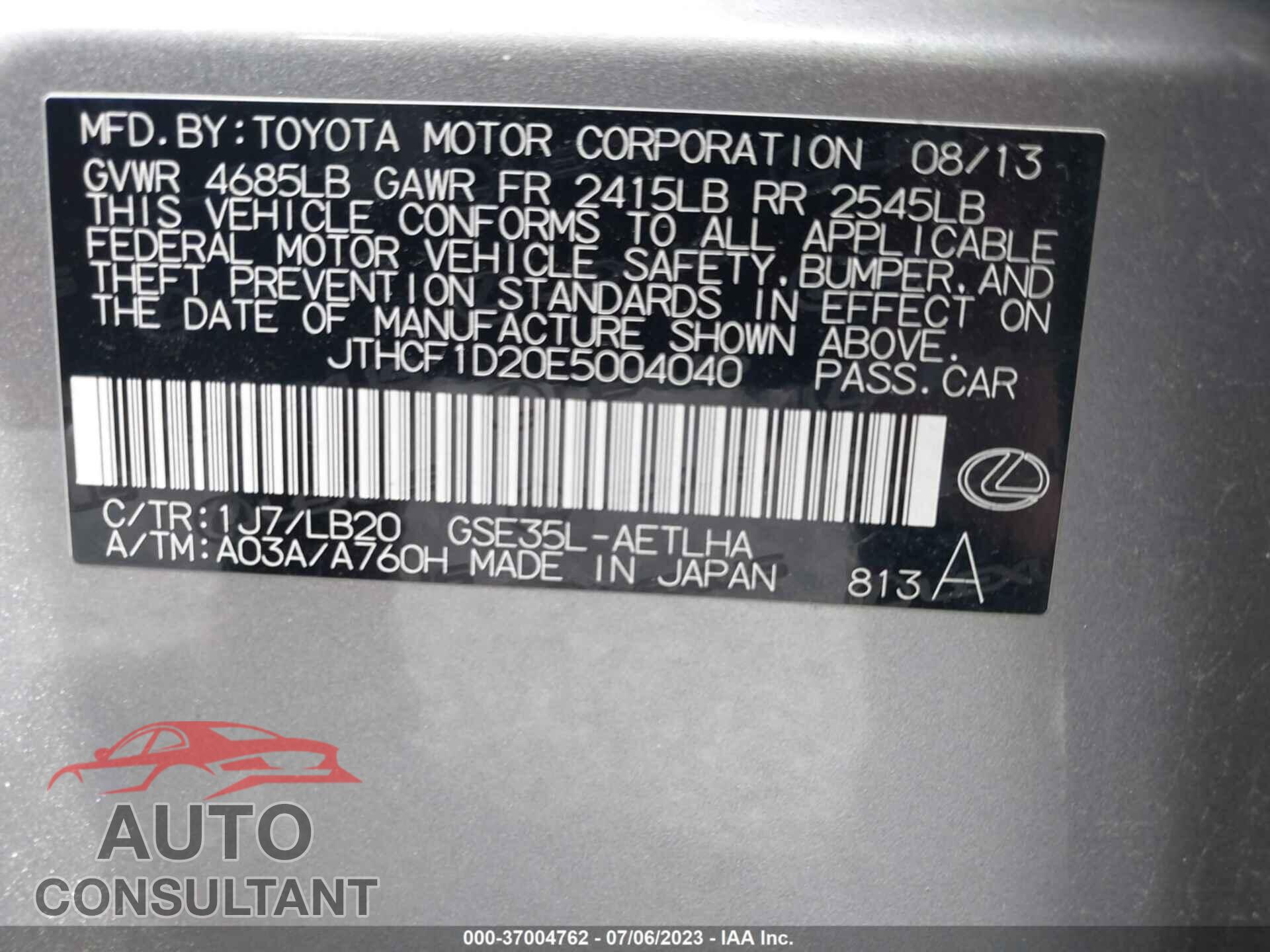 LEXUS IS 250 2014 - JTHCF1D20E5004040
