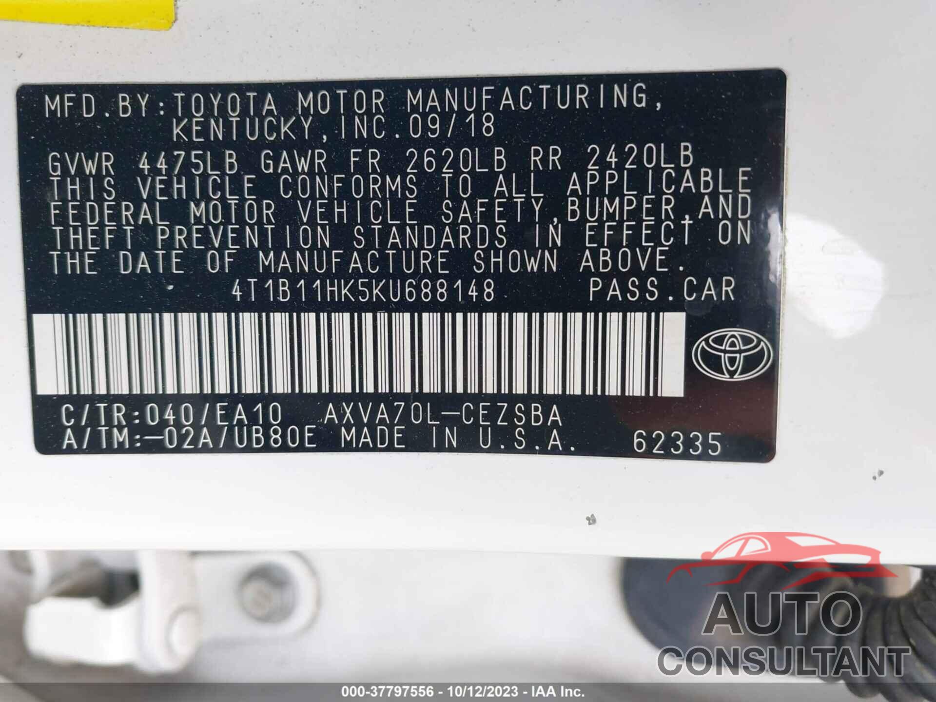 TOYOTA CAMRY 2019 - 4T1B11HK5KU688148