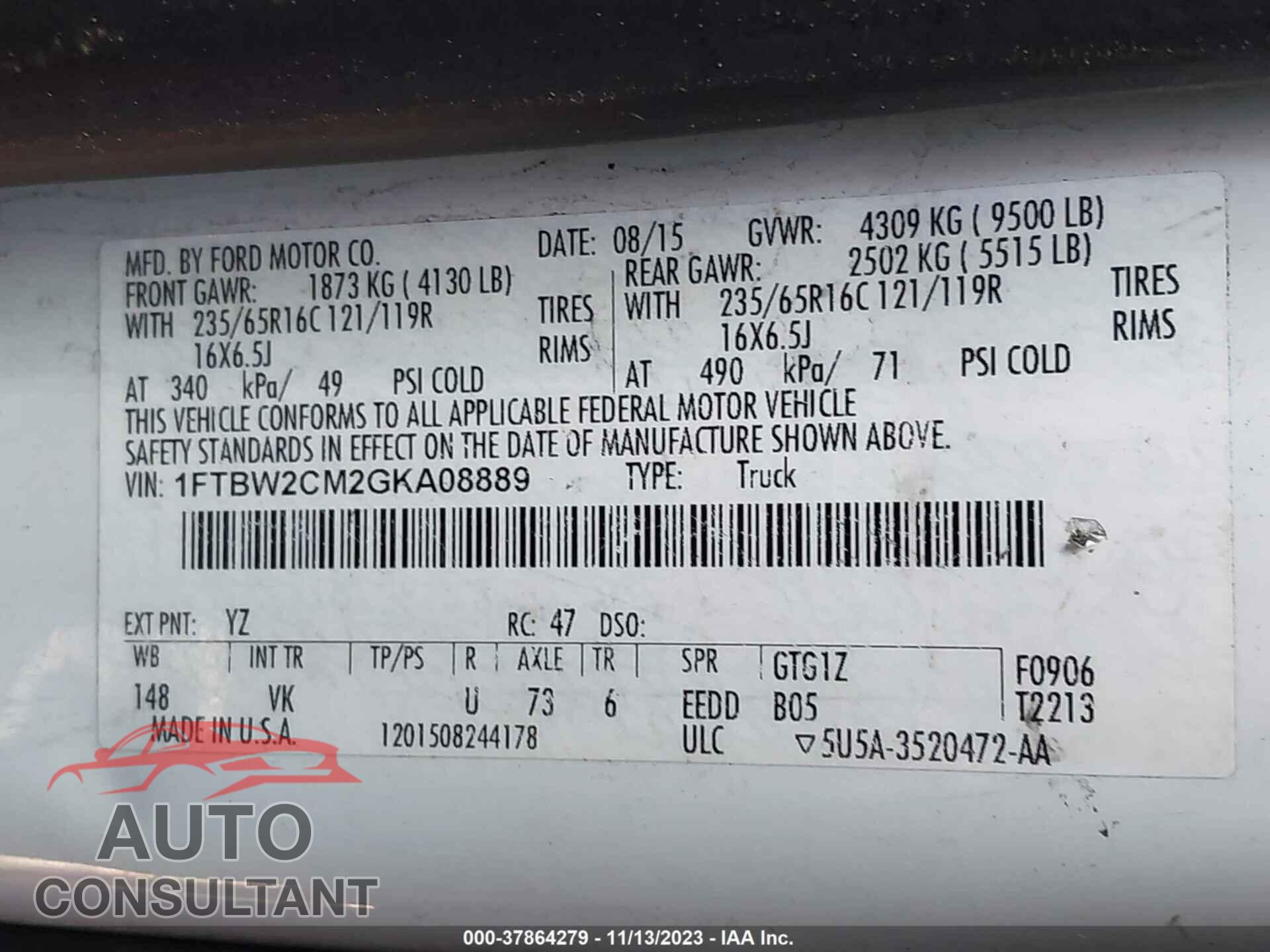 FORD TRANSIT 2016 - 1FTBW2CM2GKA08889