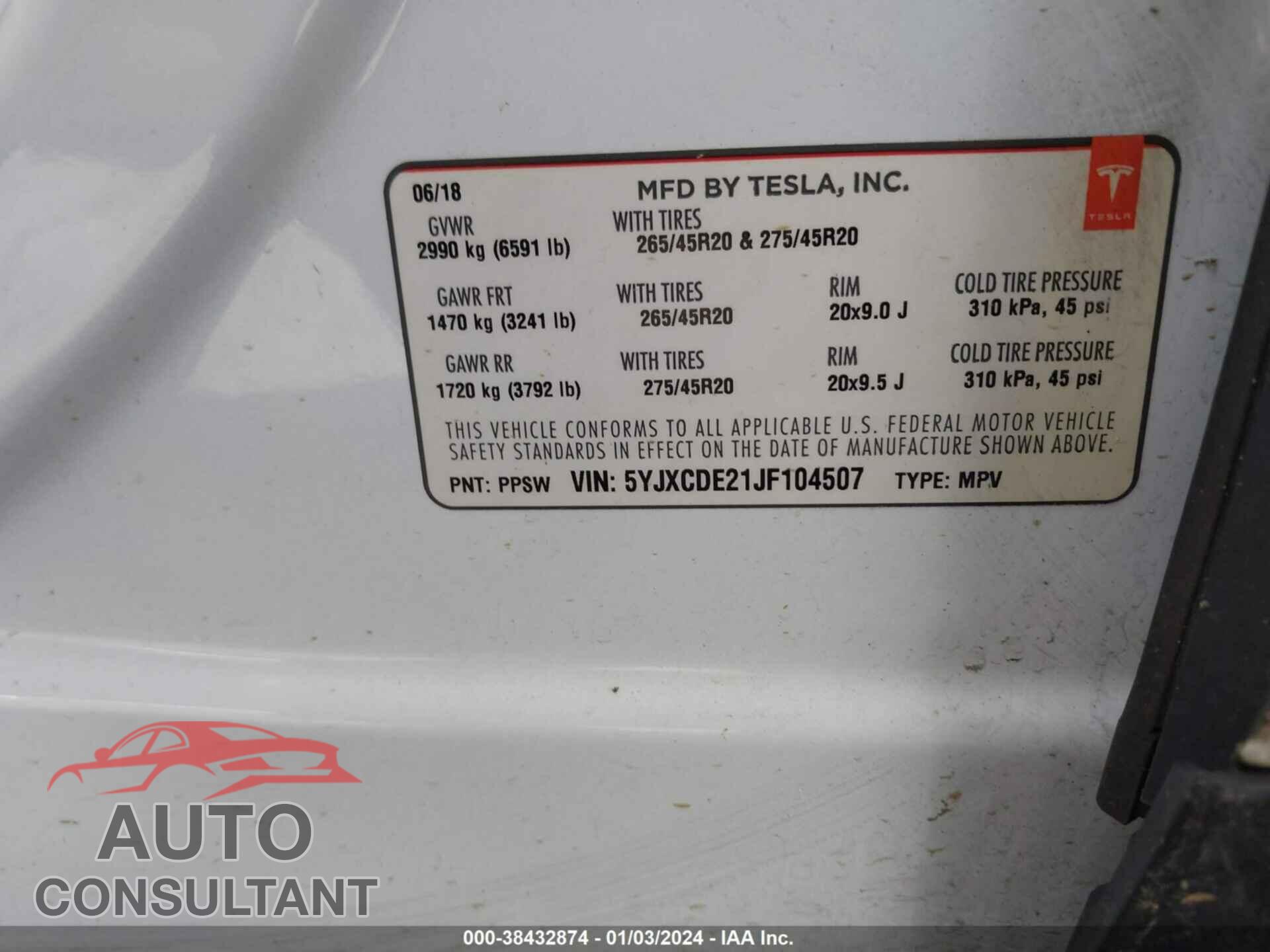 TESLA MODEL X 2018 - 5YJXCDE21JF104507