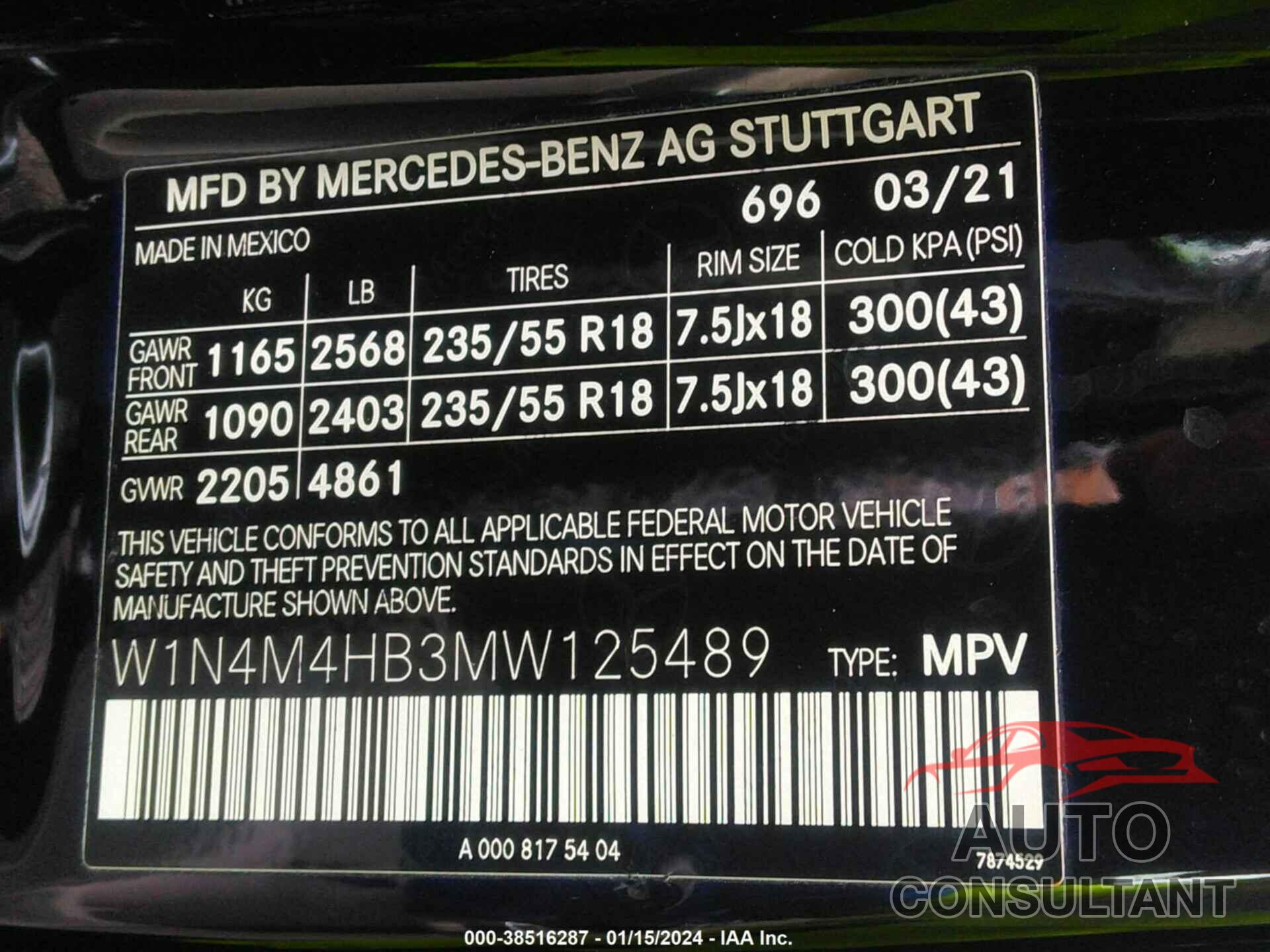 MERCEDES-BENZ GLB 250 2021 - W1N4M4HB3MW125489