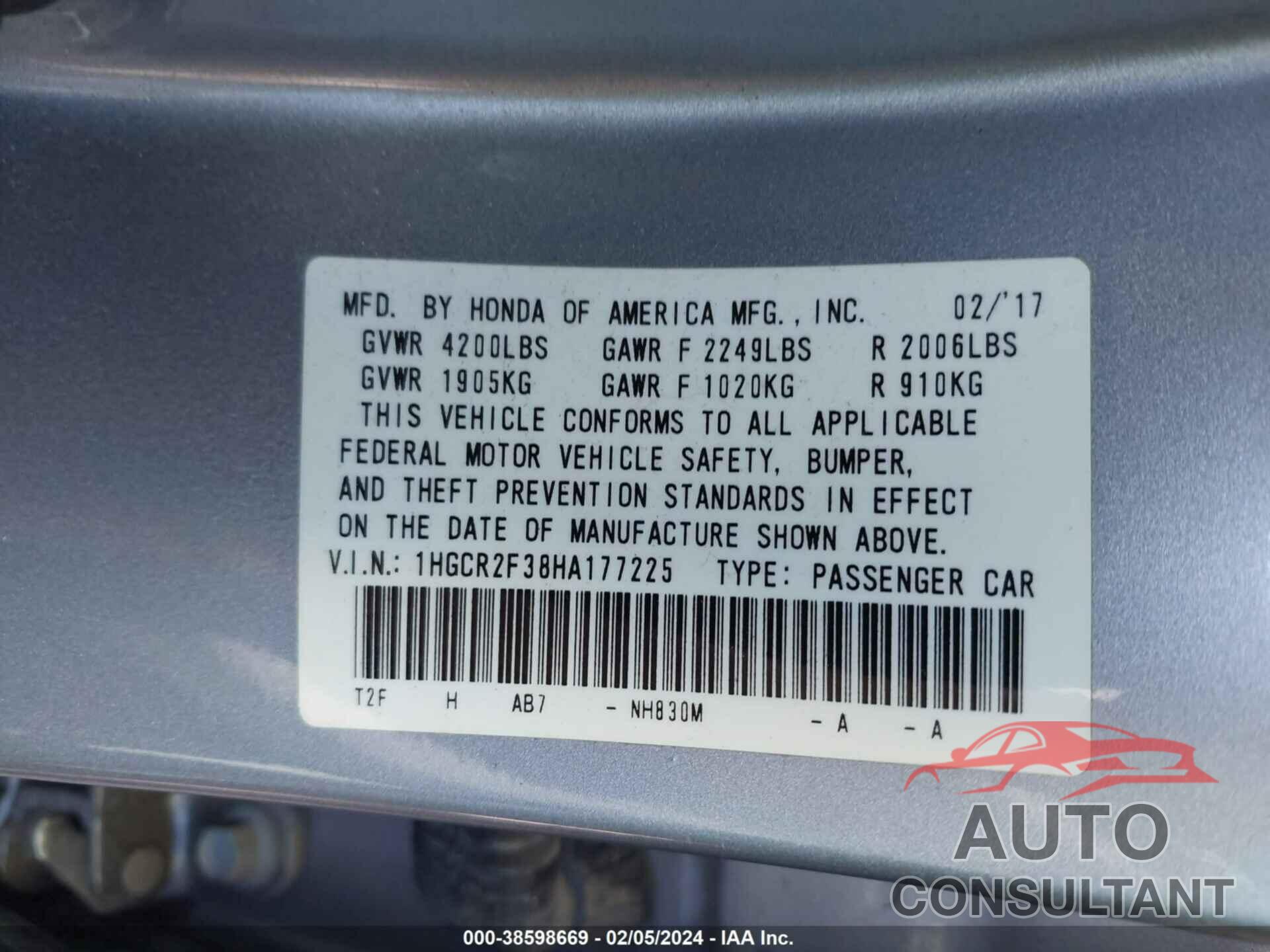 HONDA ACCORD 2017 - 1HGCR2F38HA177225