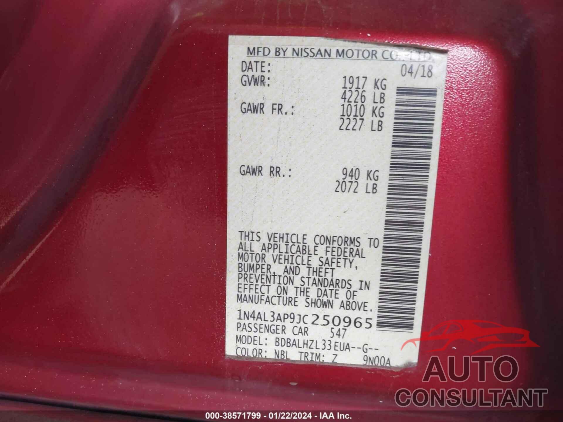 NISSAN ALTIMA 2018 - 1N4AL3AP9JC250965