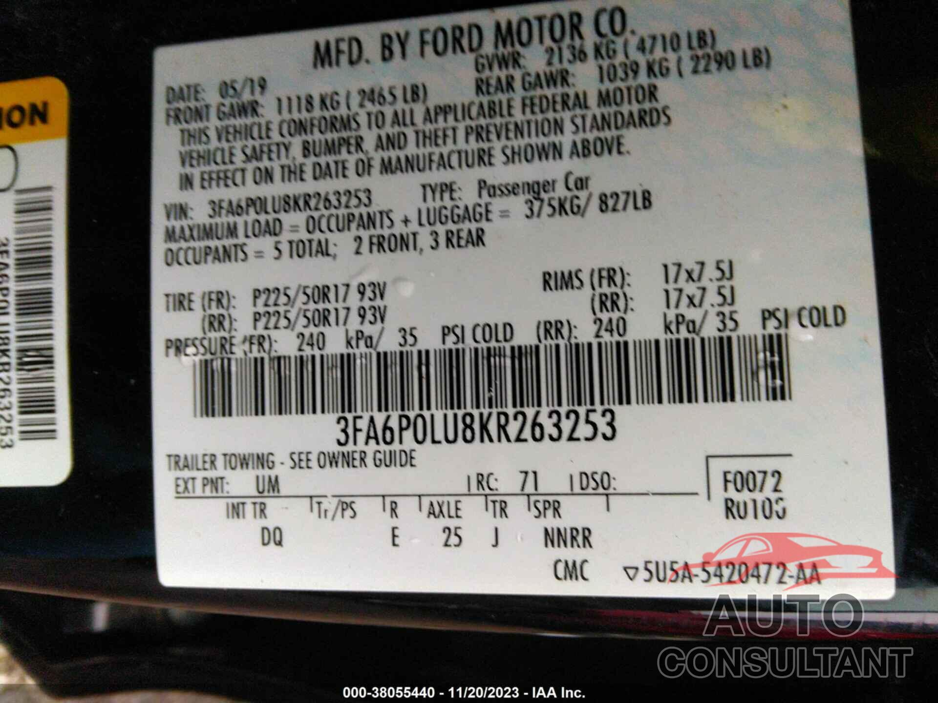 FORD FUSION HYBRID 2019 - 3FA6P0LU8KR263253