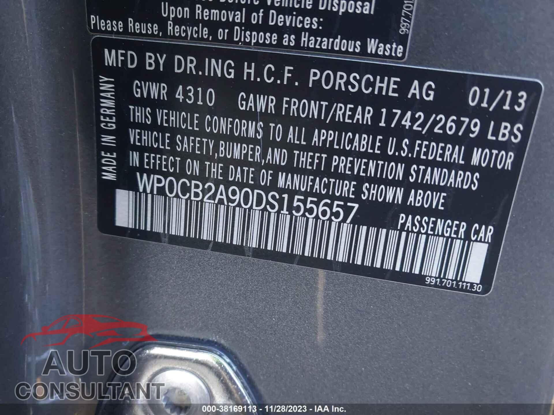 PORSCHE 911 2013 - WP0CB2A90DS155657