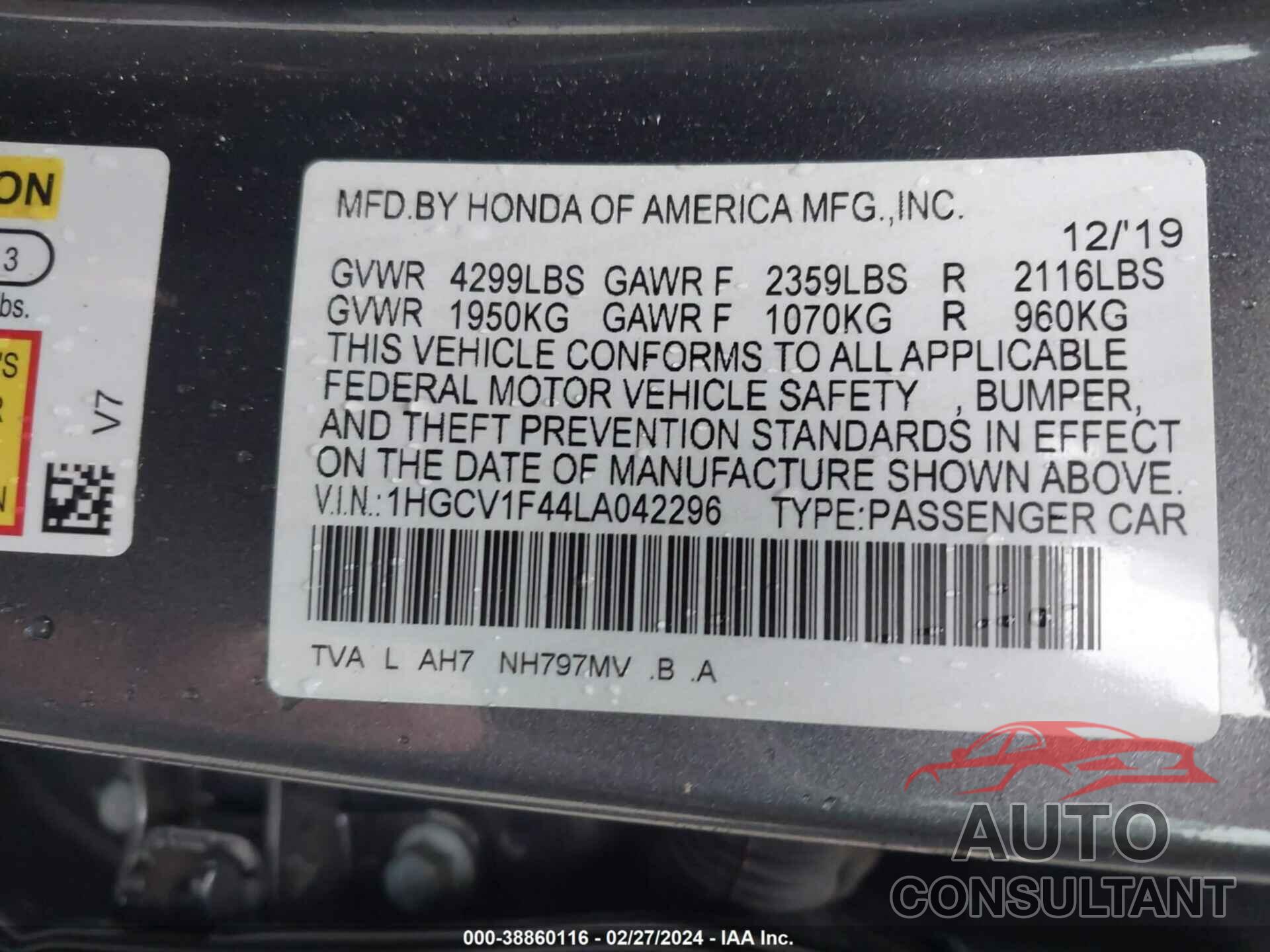 HONDA ACCORD 2020 - 1HGCV1F44LA042296