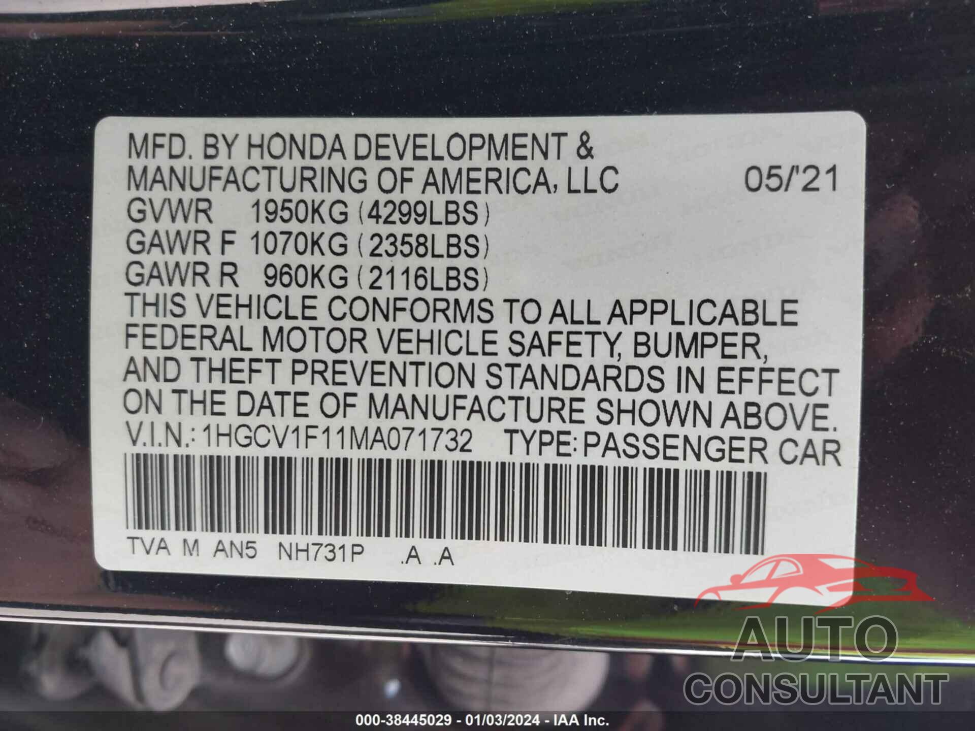 HONDA ACCORD 2021 - 1HGCV1F11MA071732