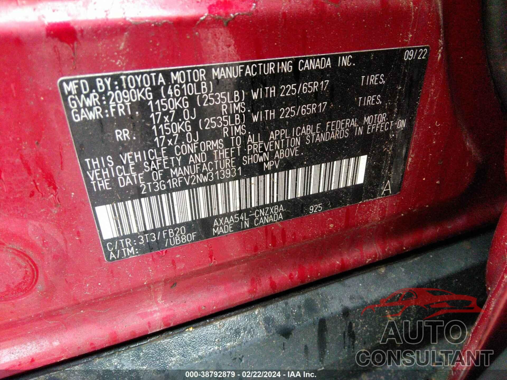 TOYOTA RAV4 2022 - 2T3G1RFV2NW313931