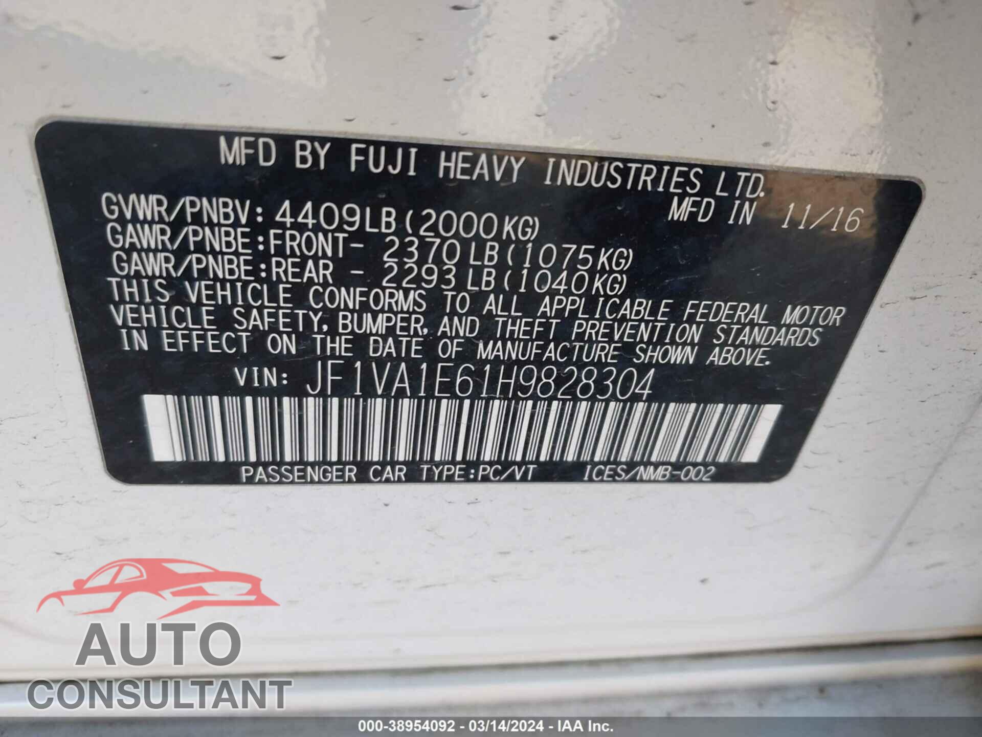 SUBARU WRX 2017 - JF1VA1E61H9828304