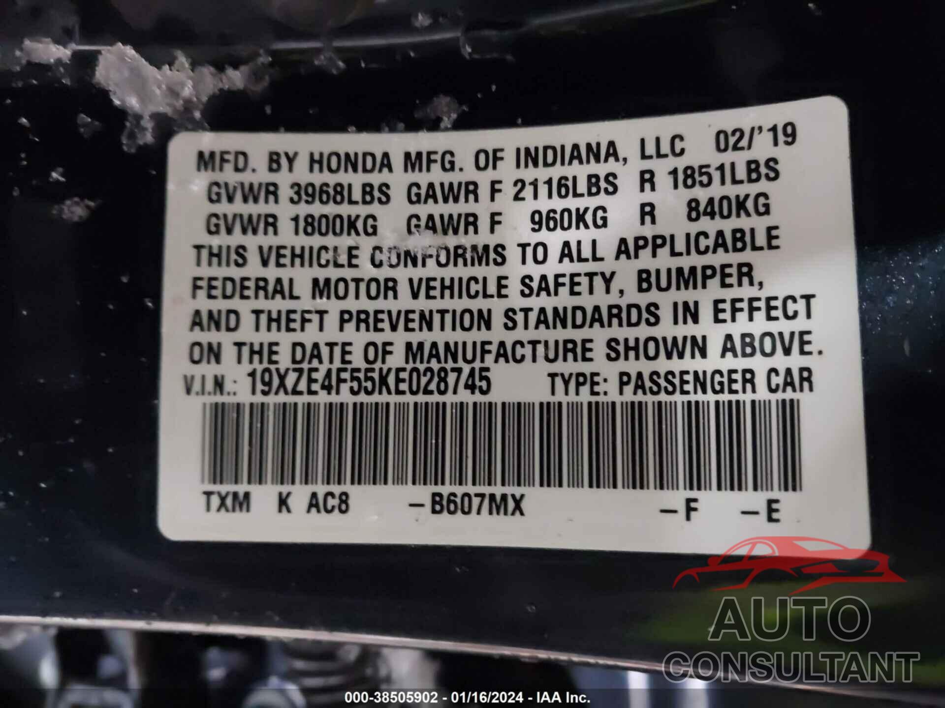 HONDA INSIGHT 2019 - 19XZE4F55KE028745