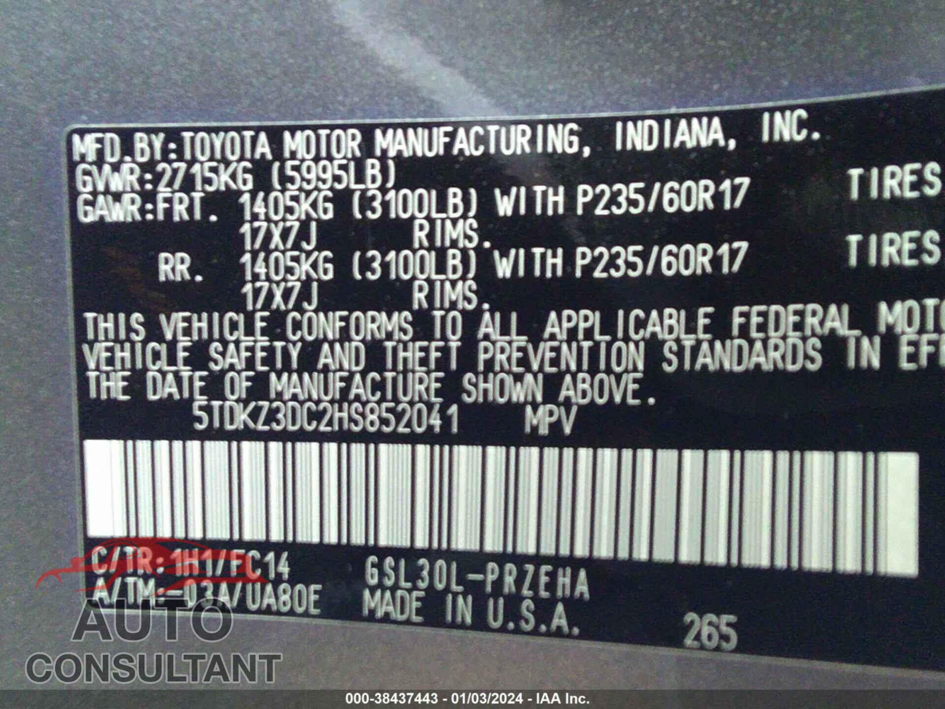 TOYOTA SIENNA 2017 - 5TDKZ3DC2HS852041