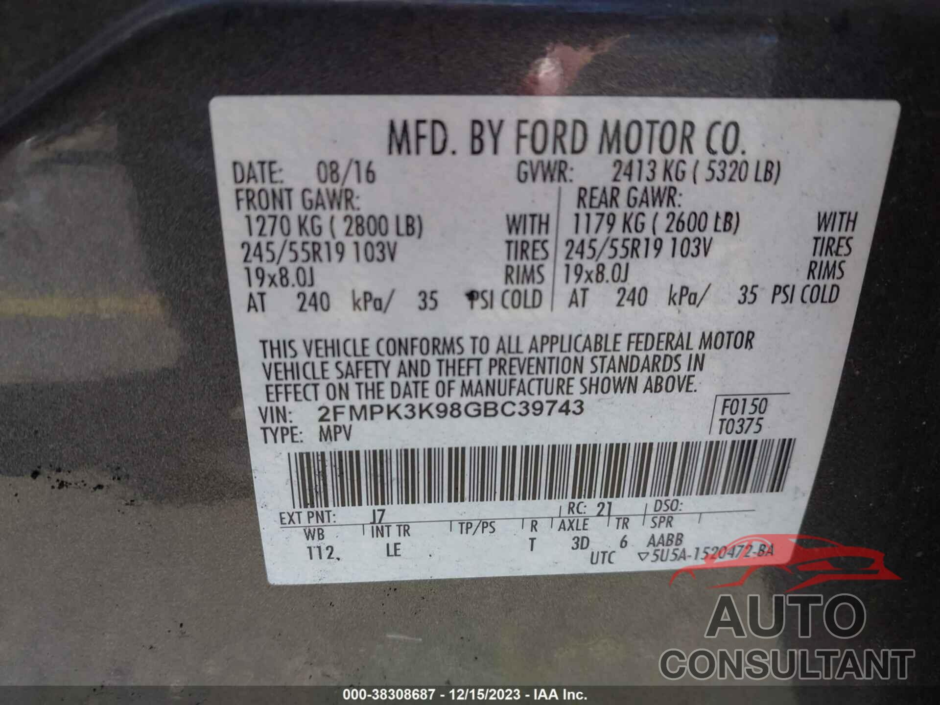 FORD EDGE 2016 - 2FMPK3K98GBC39743