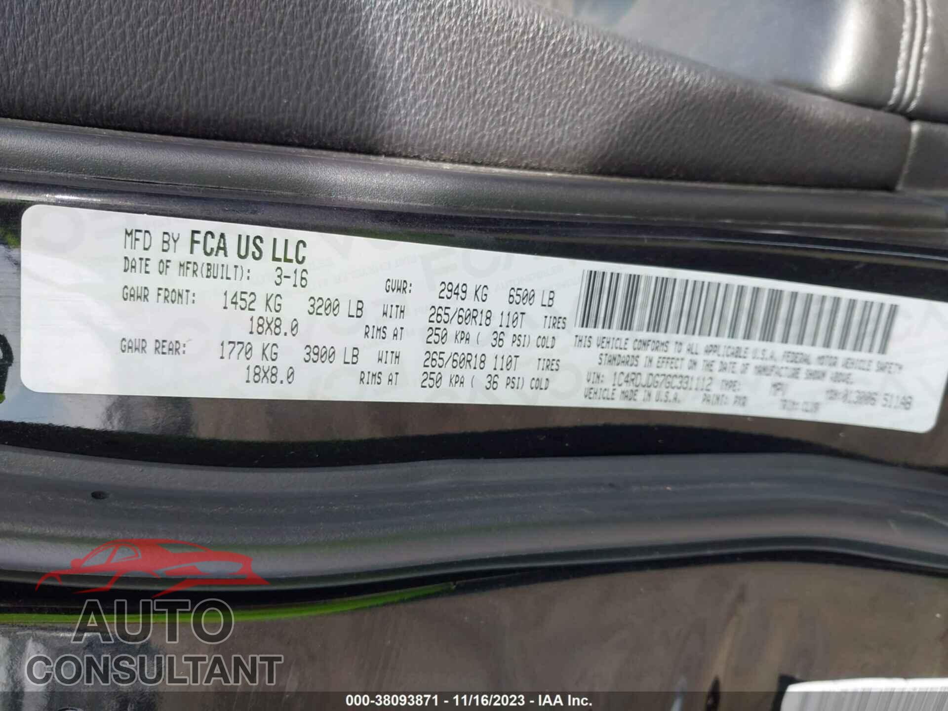 DODGE DURANGO 2016 - 1C4RDJDG7GC331112