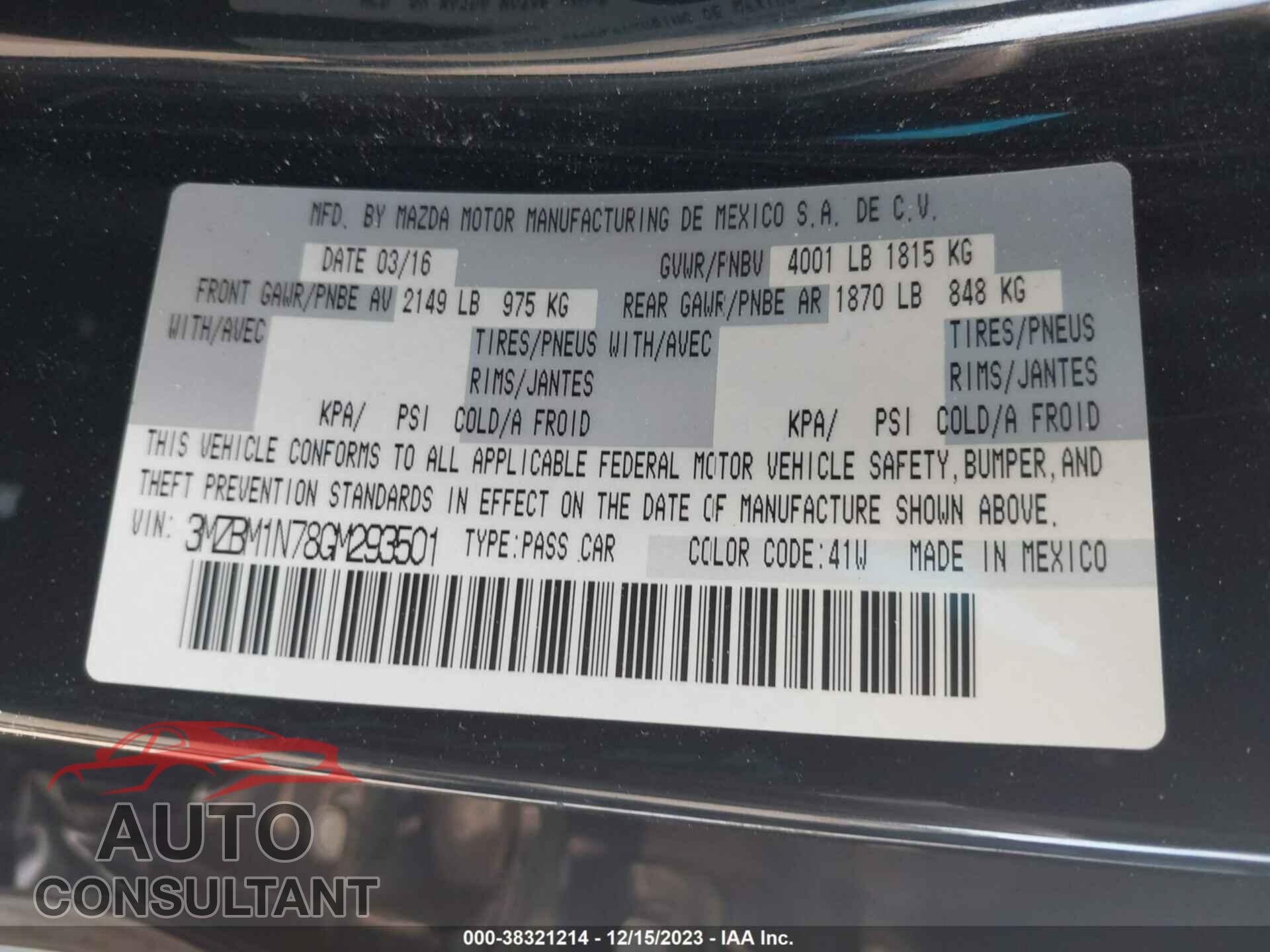 MAZDA MAZDA3 2016 - 3MZBM1N78GM293501