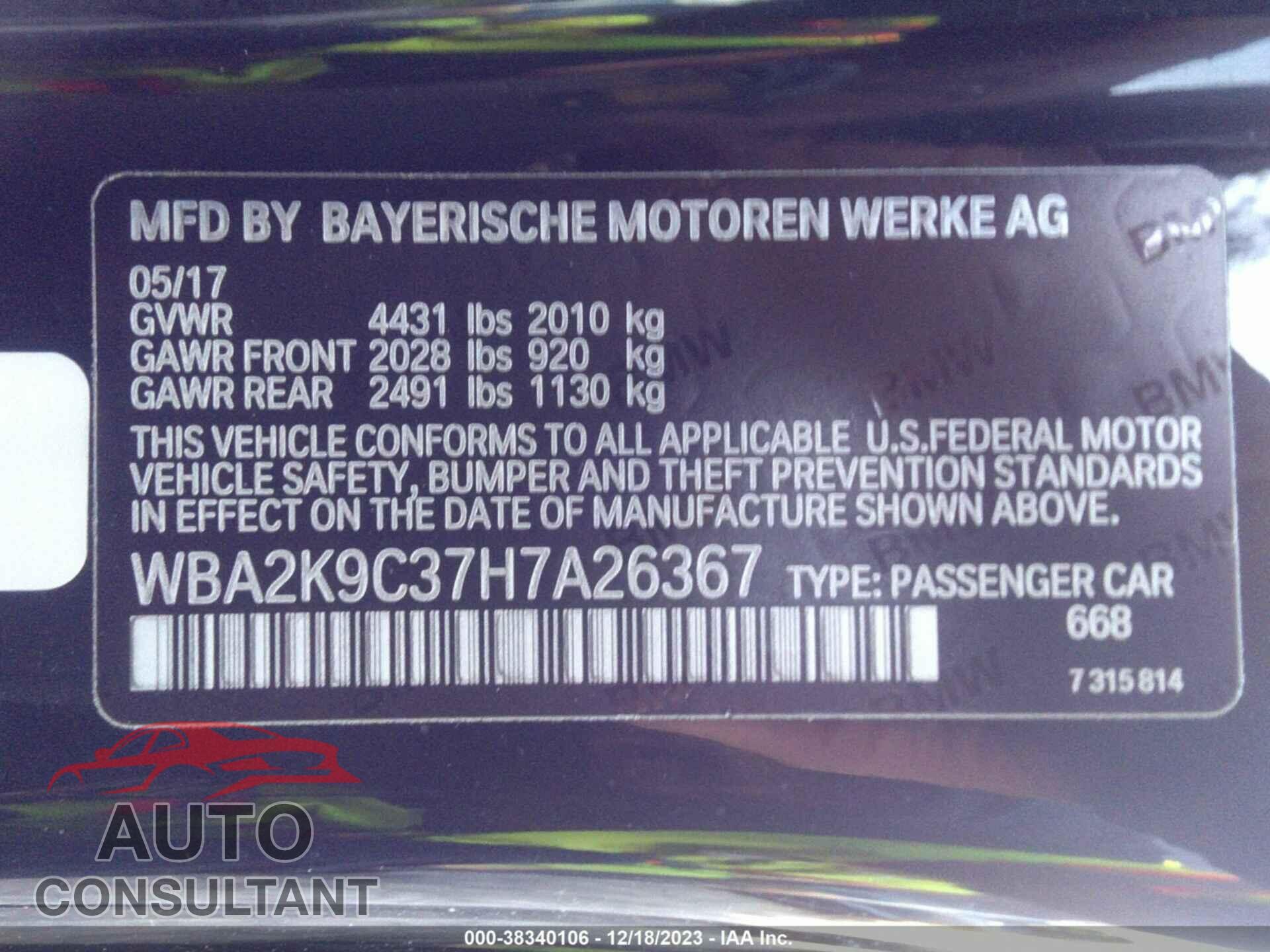 BMW 230I 2017 - WBA2K9C37H7A26367