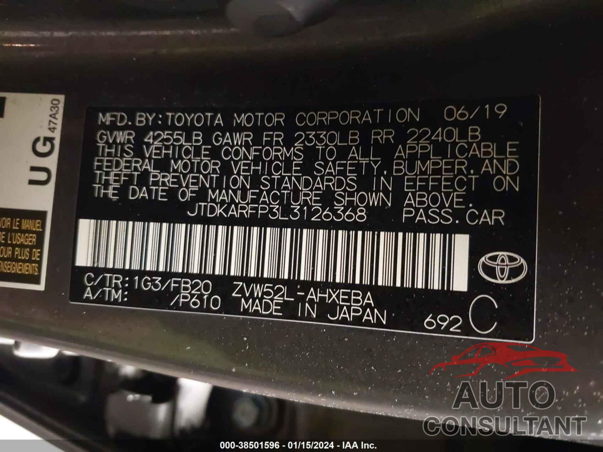 TOYOTA PRIUS PRIME 2020 - JTDKARFP3L3126368