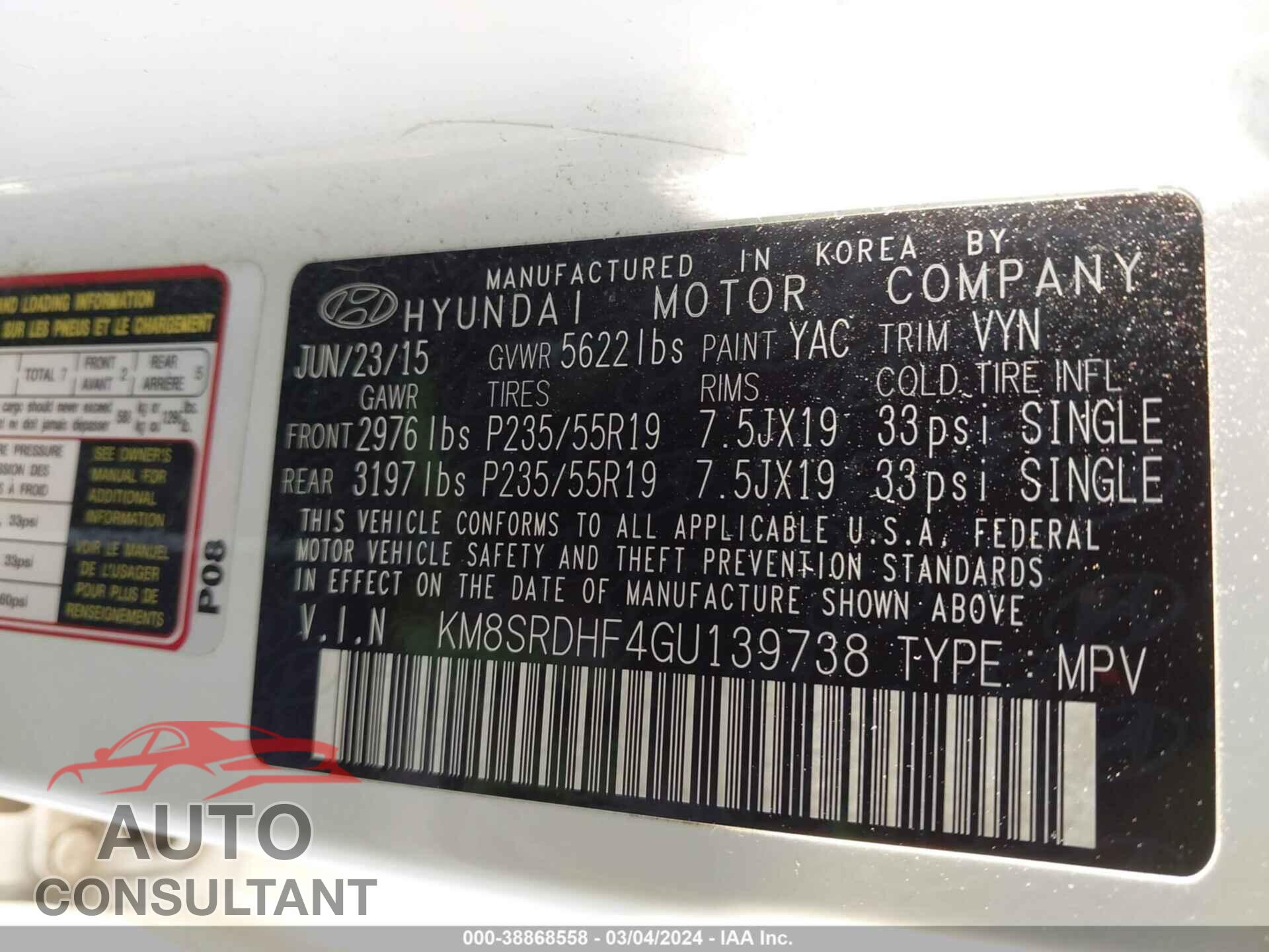 HYUNDAI SANTA FE 2016 - KM8SRDHF4GU139738