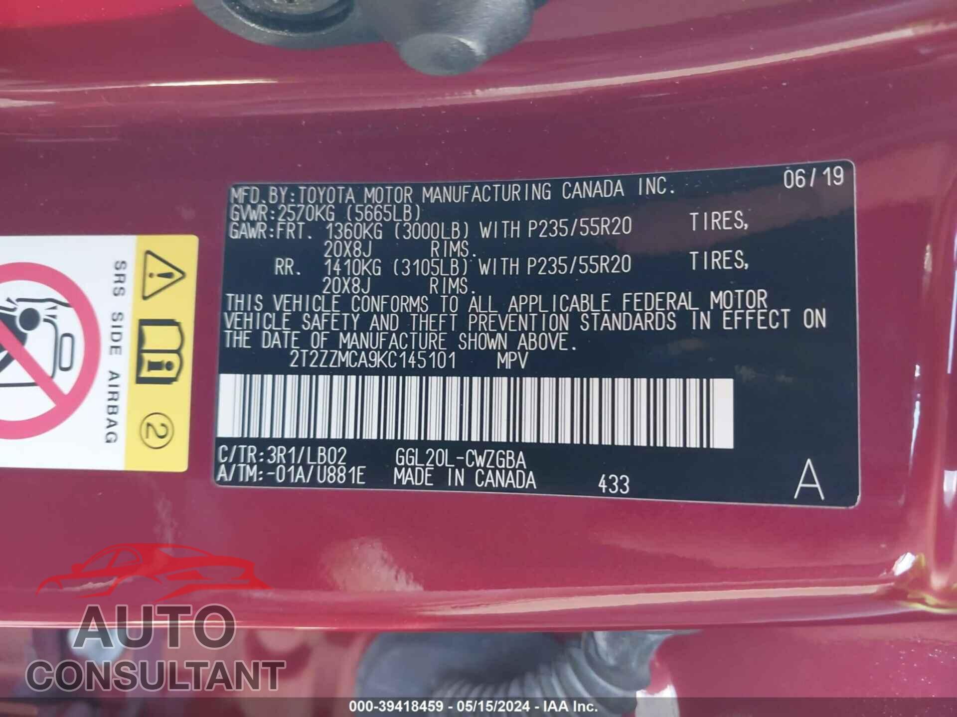 LEXUS RX 350 2019 - 2T2ZZMCA9KC145101