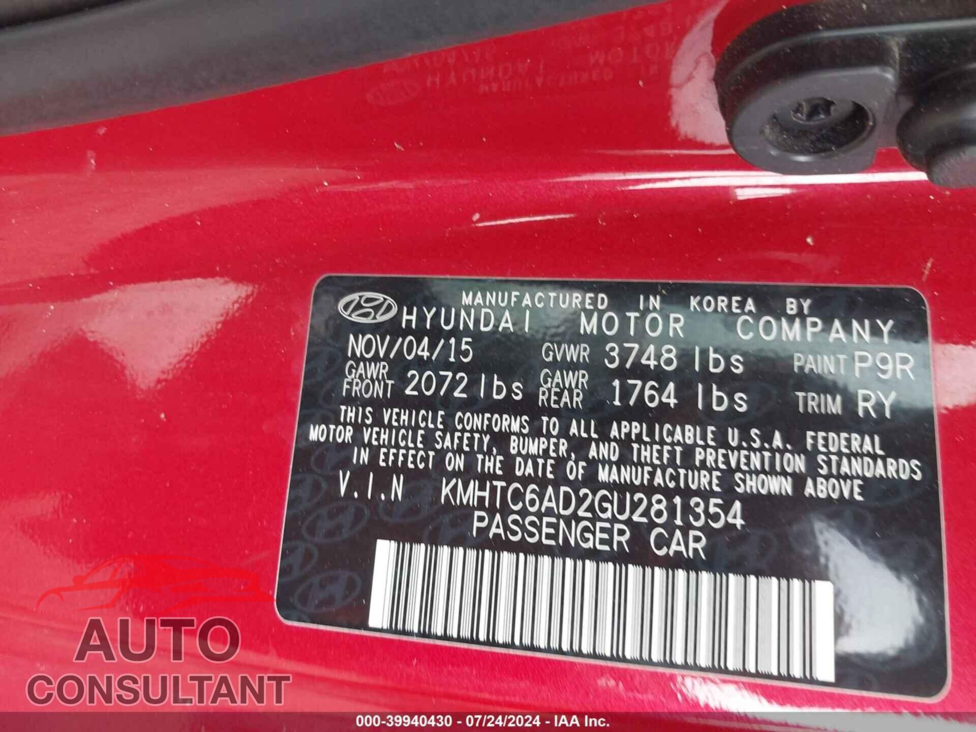 HYUNDAI VELOSTER 2016 - KMHTC6AD2GU281354